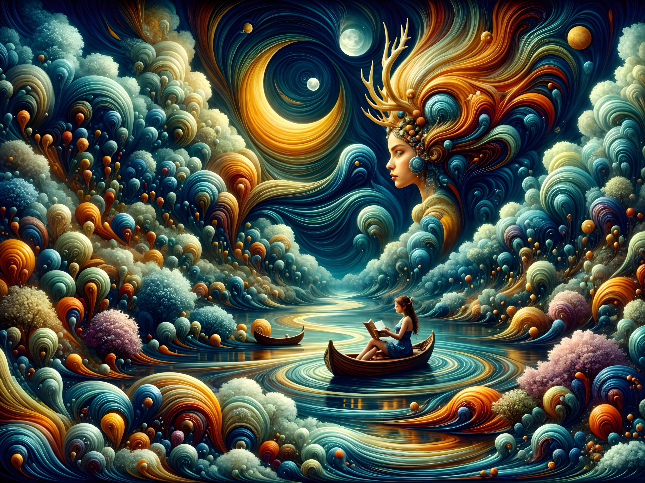 Whimsical Landscape with Serene Woman and Canoeist