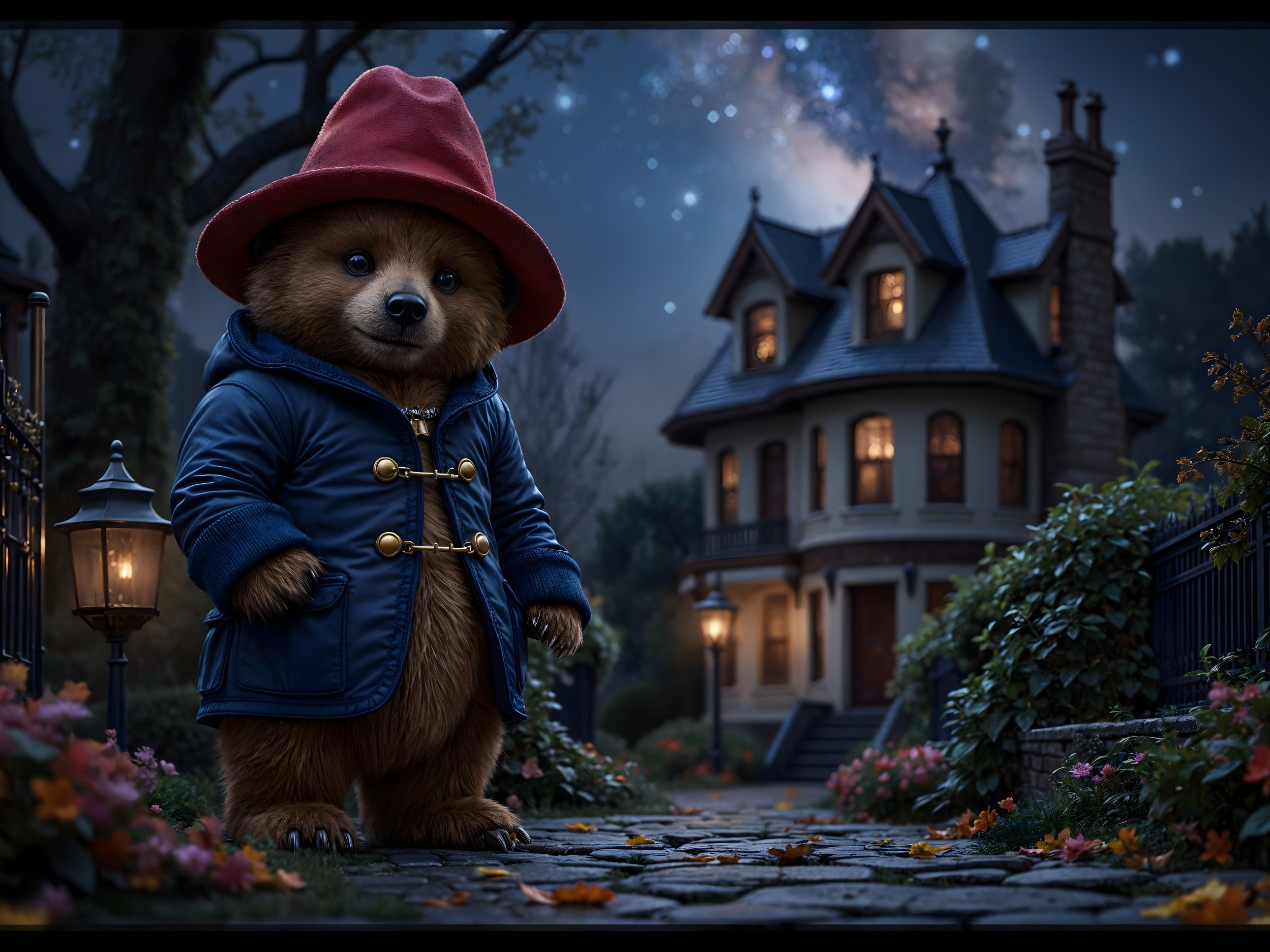 Cute bear in blue coat on flower-lined path