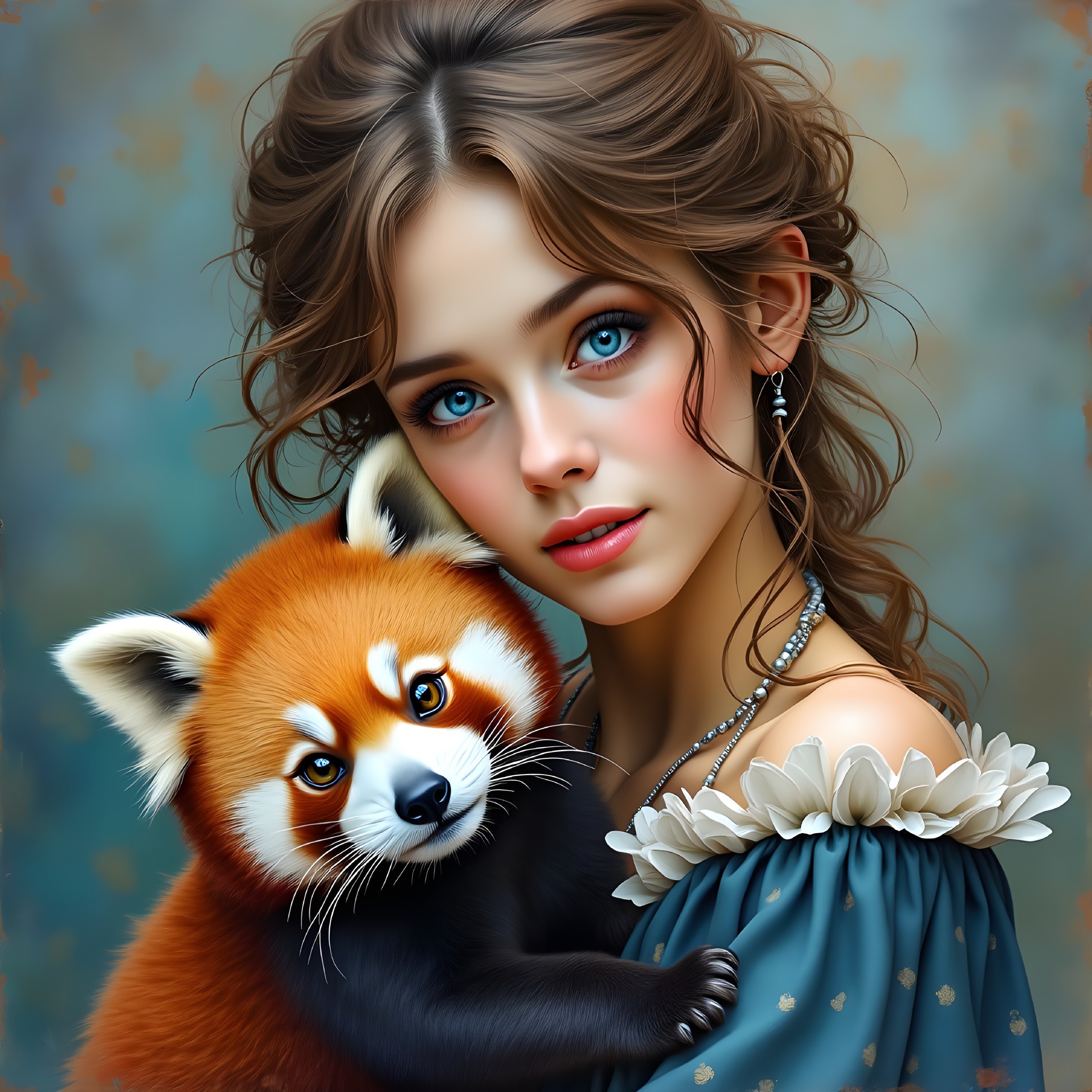 Young woman with blue eyes and red panda in vintage dress