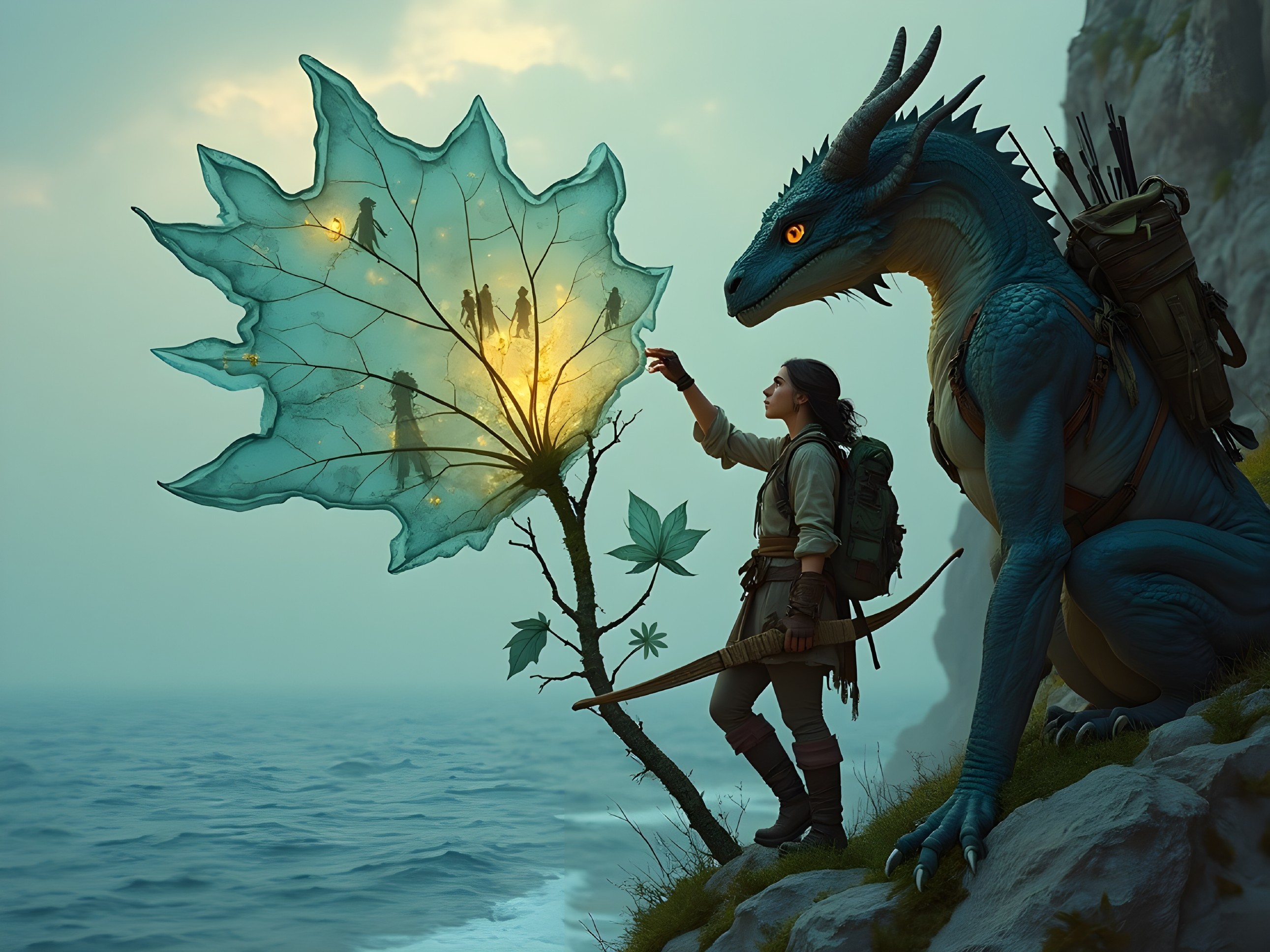 Young Adventurer and Blue Dragon in Mystical Landscape