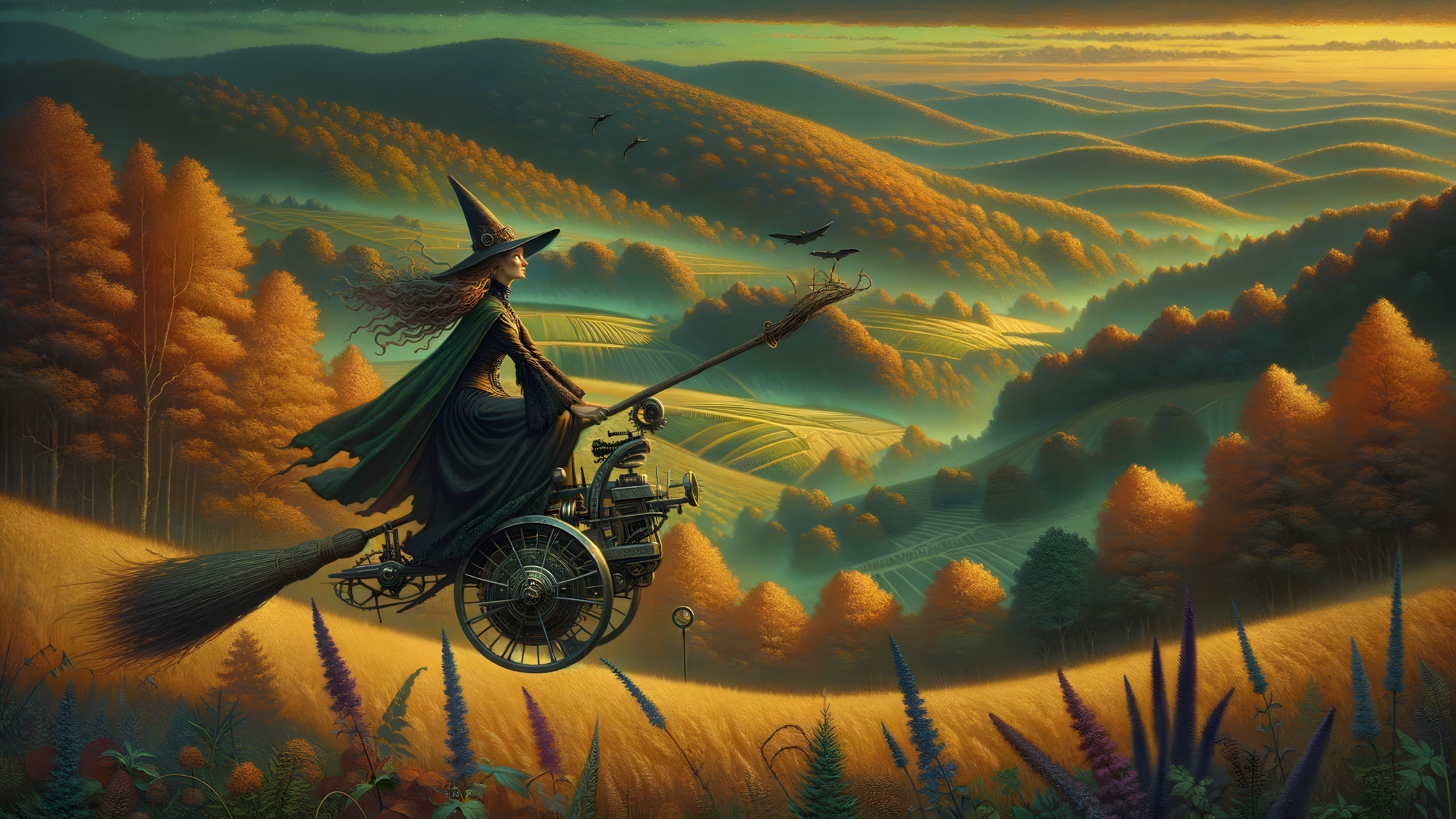 Witch on Steam-Powered Broomstick in Autumn Landscape