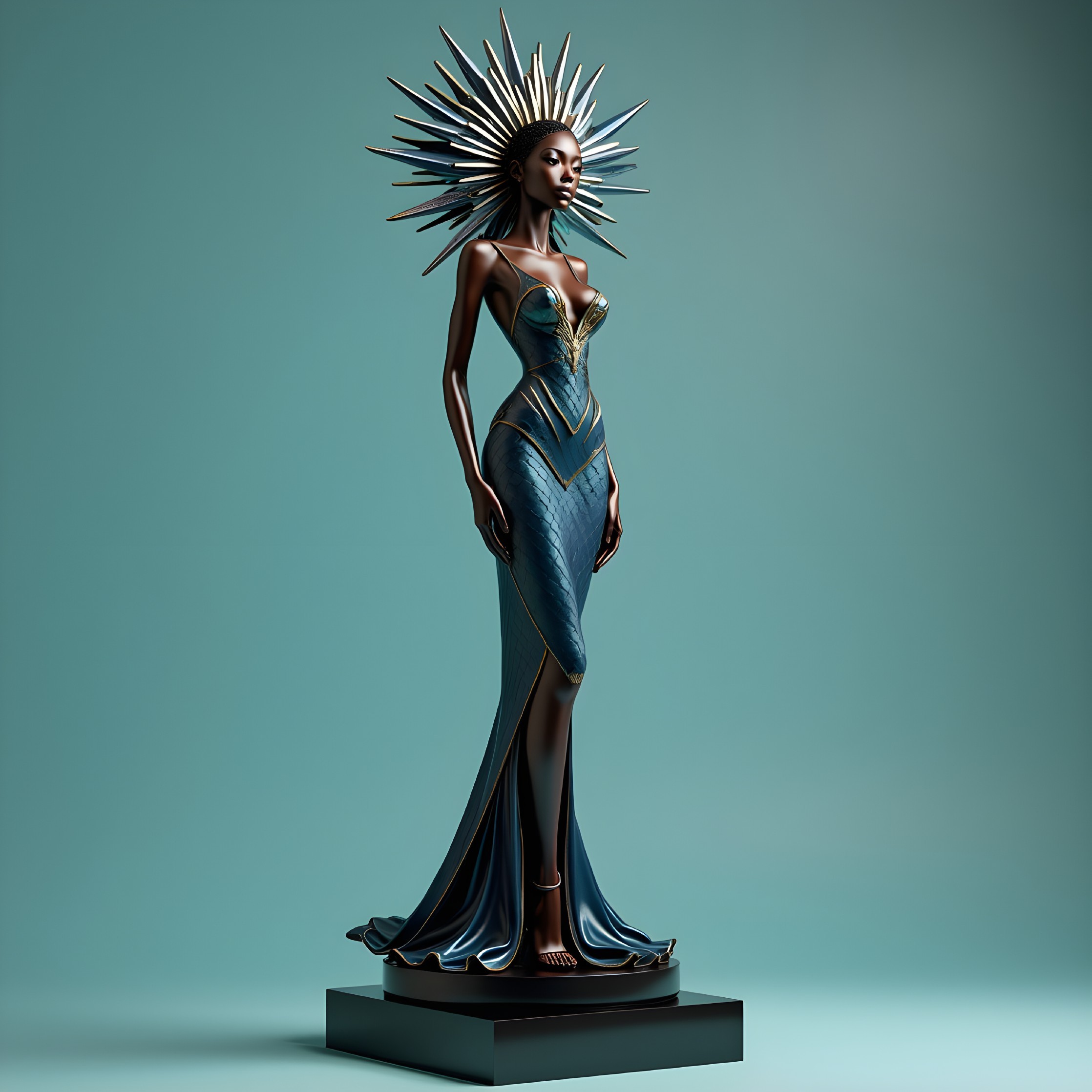 Tall figure in teal gown with gold detailing and headpiece