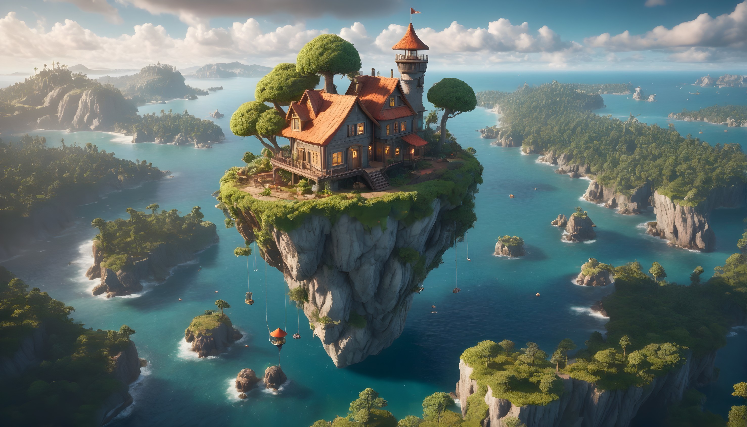 Whimsical floating island with house, tower, lush forests, and tranquil sea