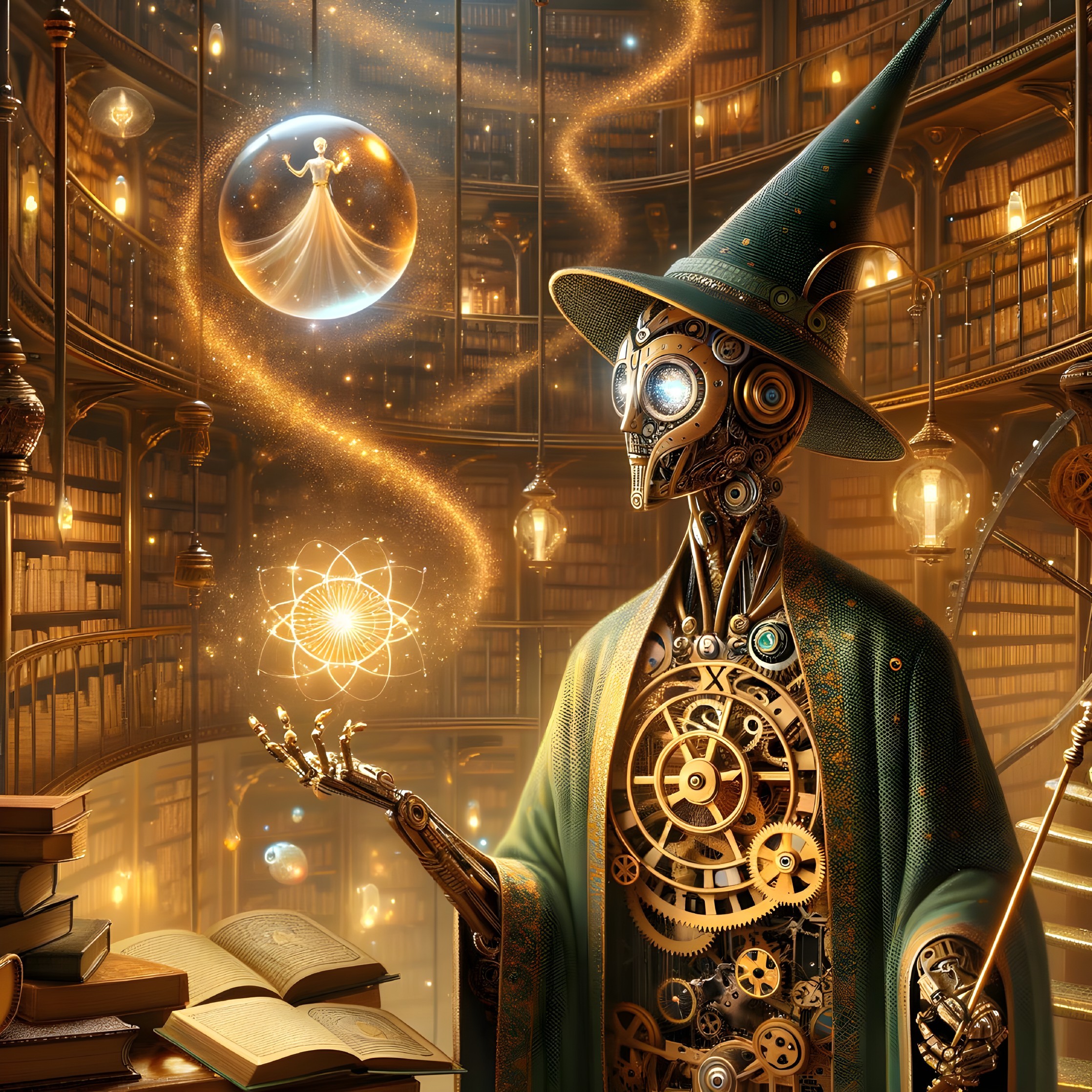 Whimsical Robot Wizard in a Dimly Lit Library