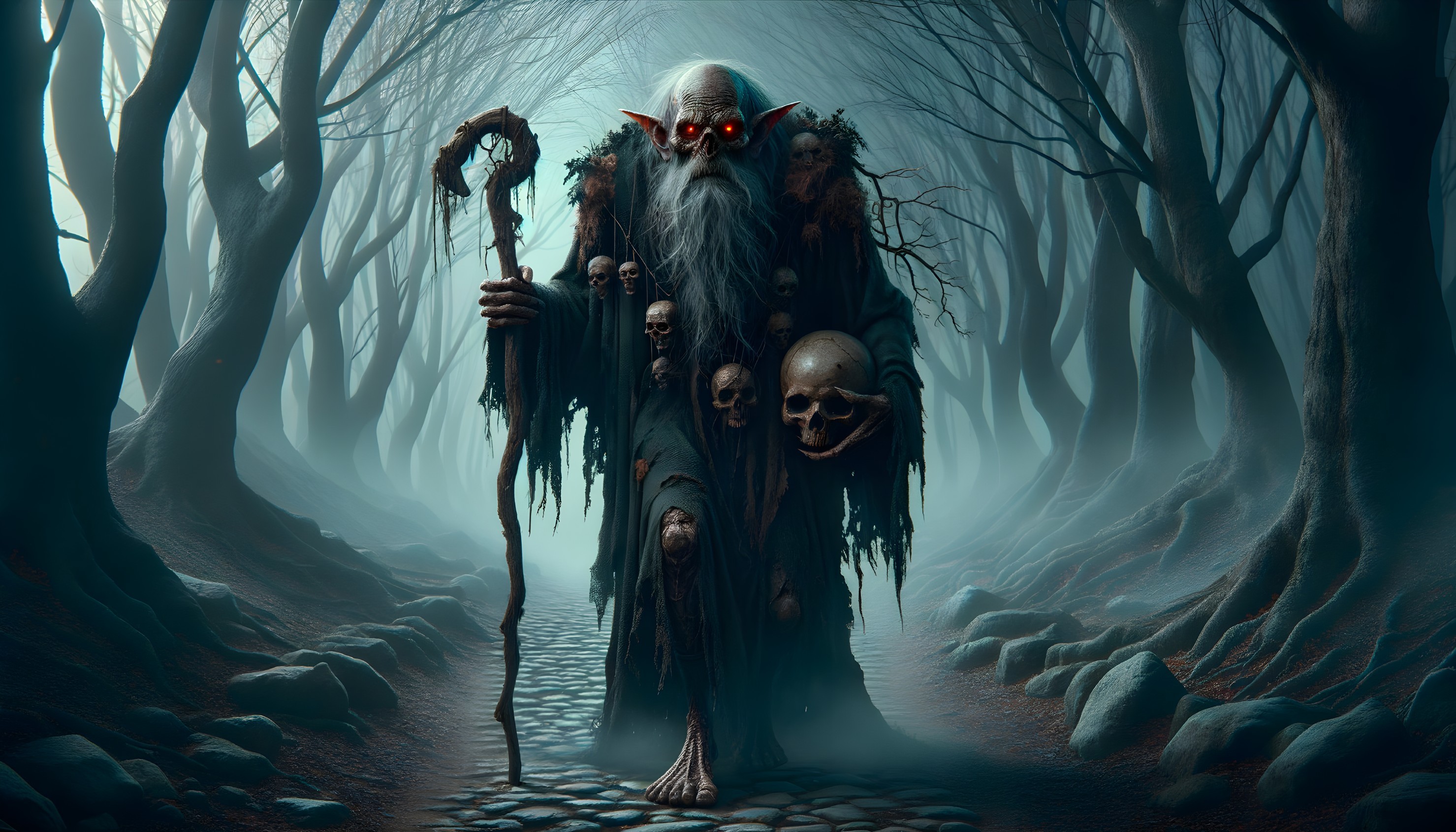 Misty Forest with a Ghastly Figure in Tattered Robes