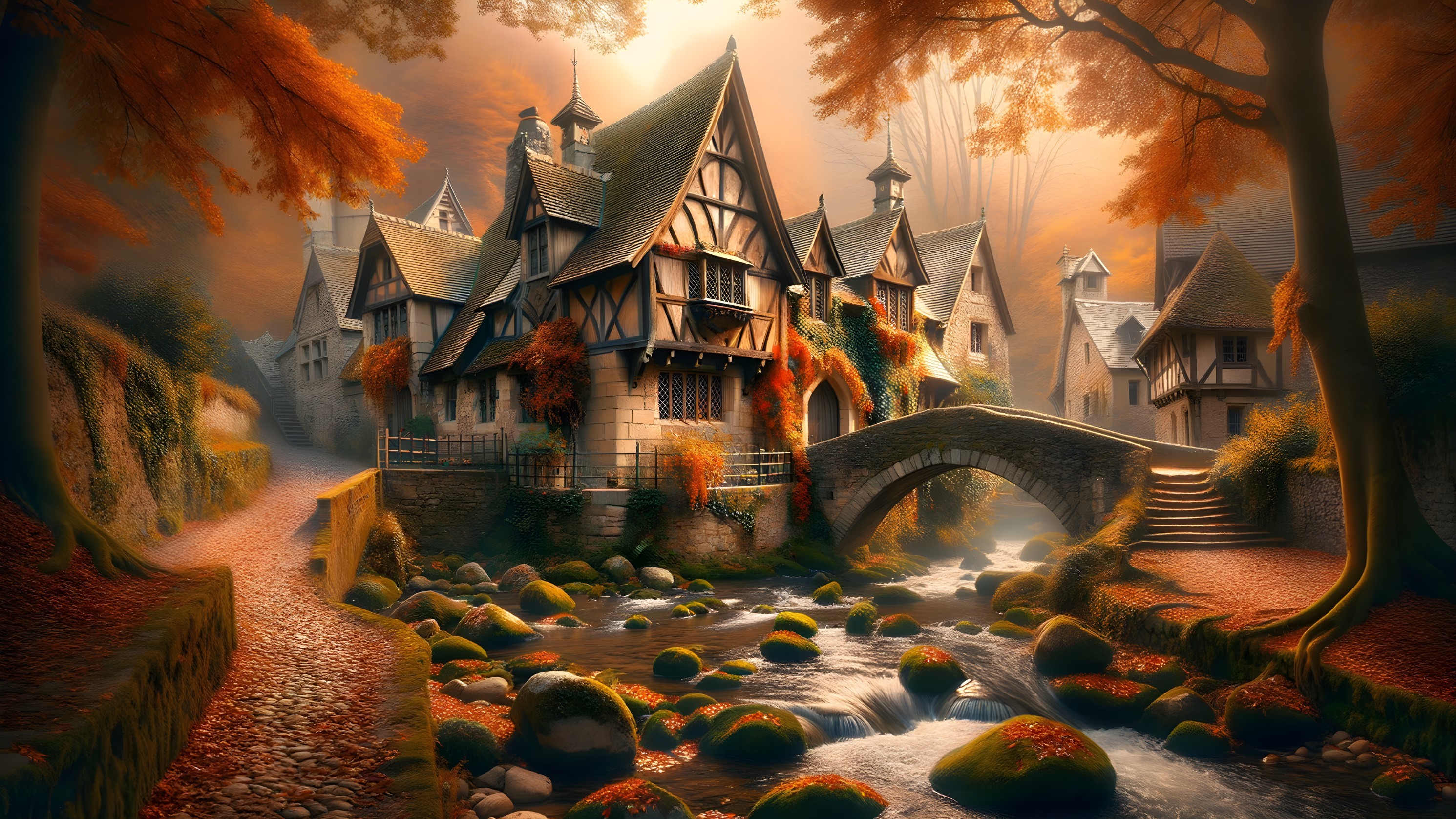 Medieval Village in Autumn with Stream and Bridge