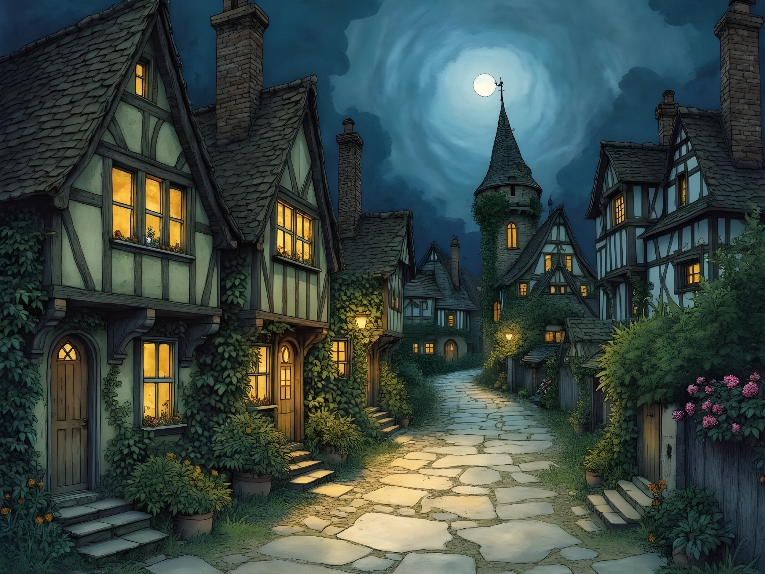 Twilight Village Scene with Timber-Frame Houses