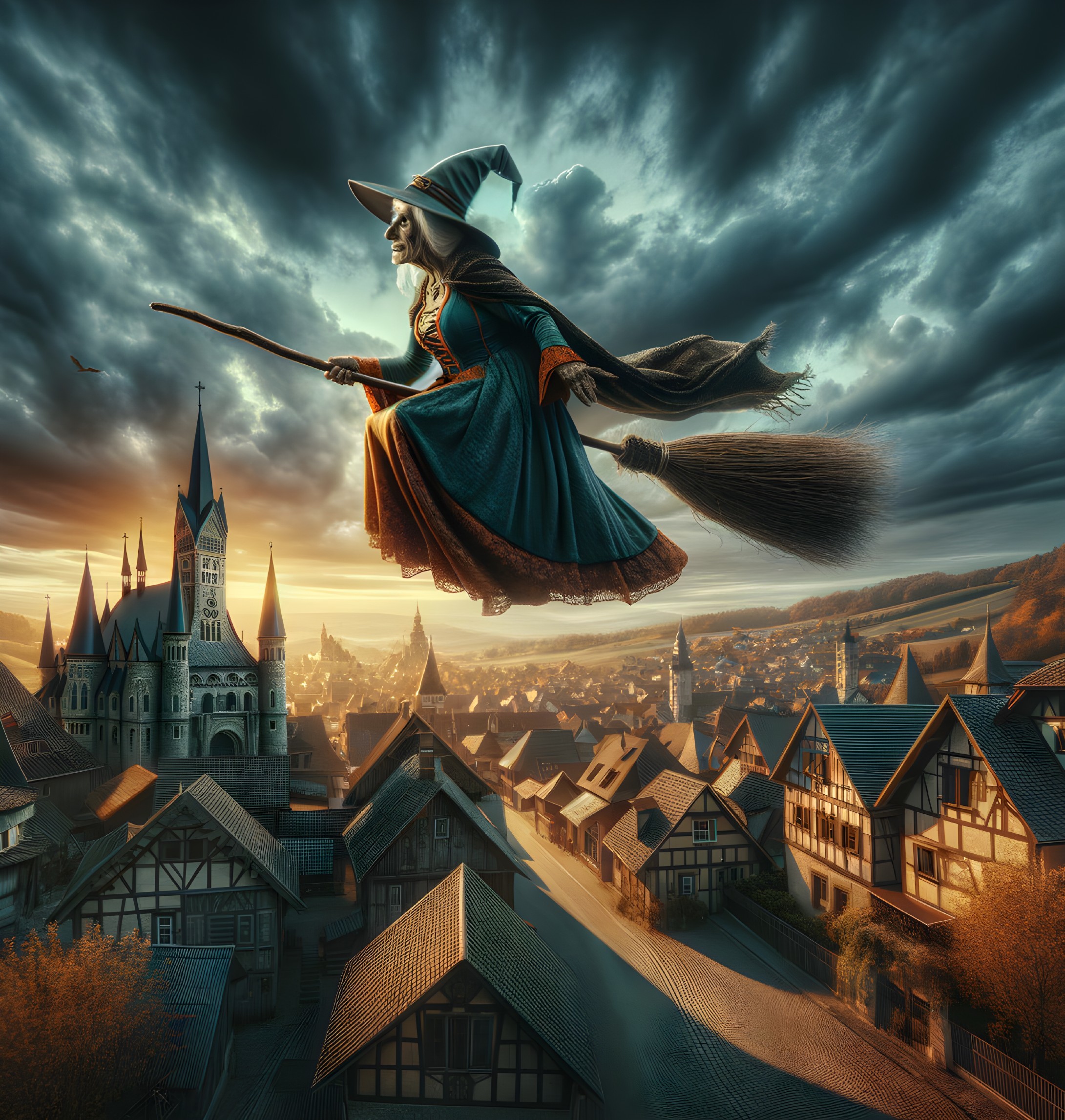 Medieval village scene: witch on broom at dusk