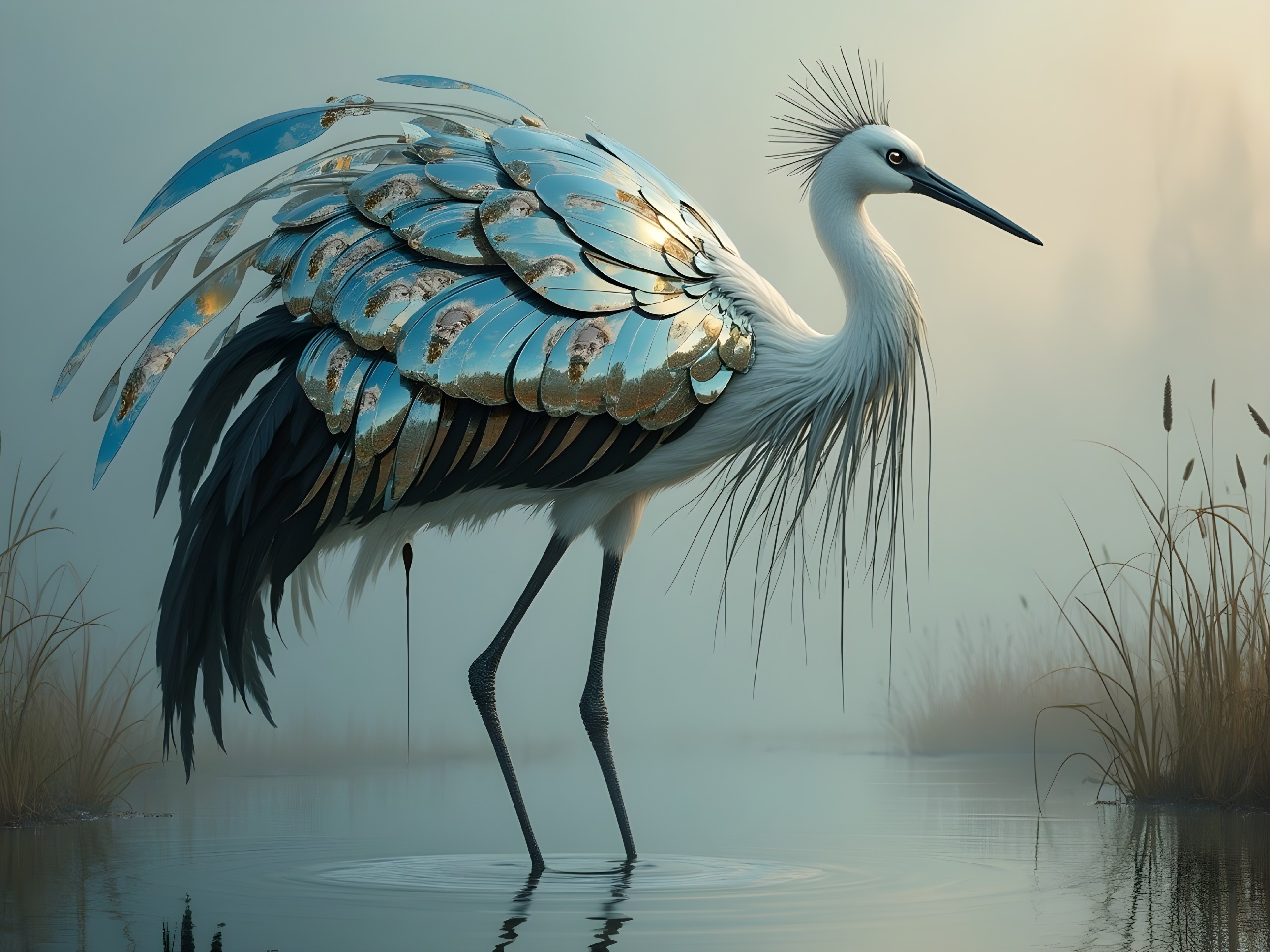 Heron in Misty Wetland with Blue and Golden Feathers