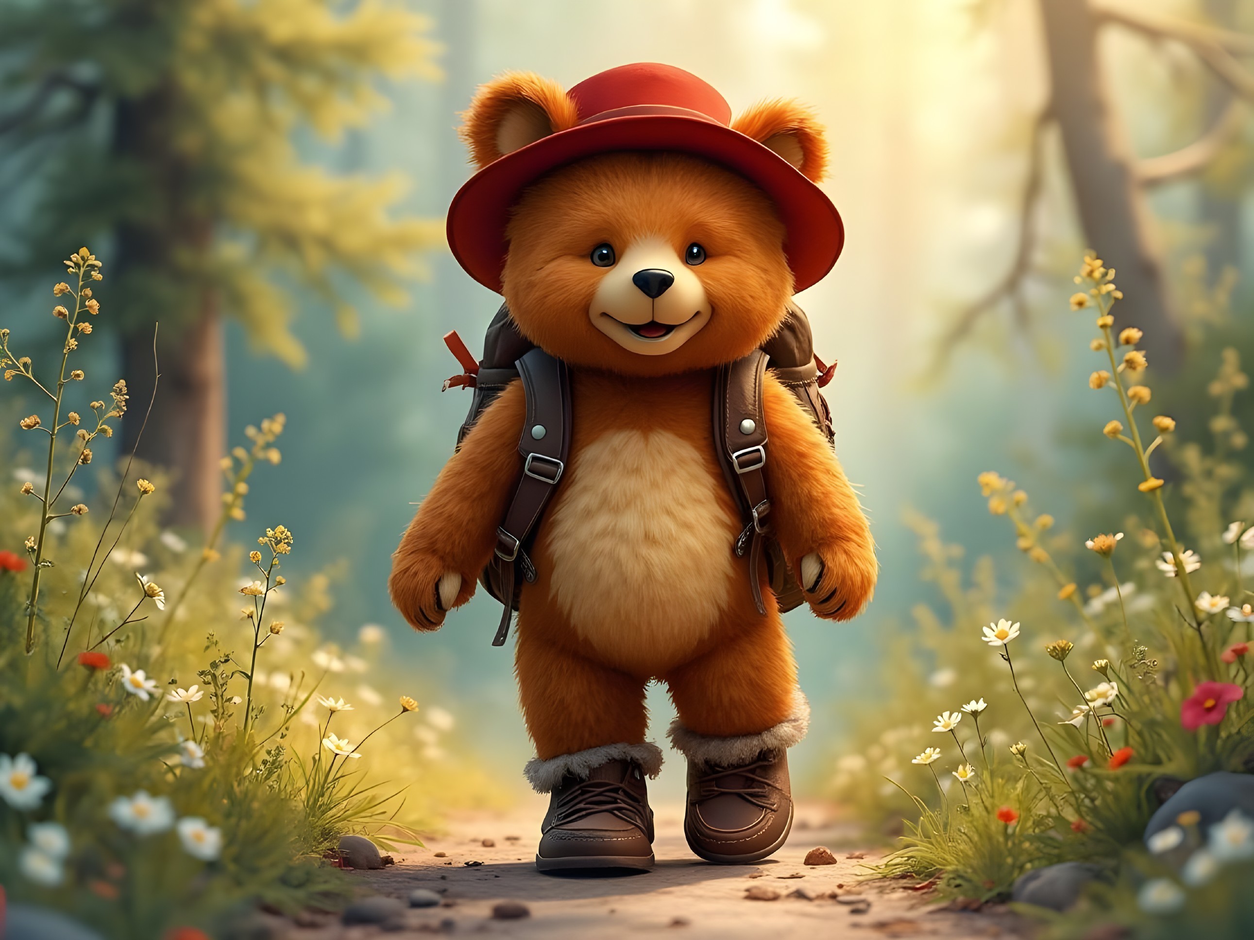 Cheerful cartoon bear on a sunlit forest path