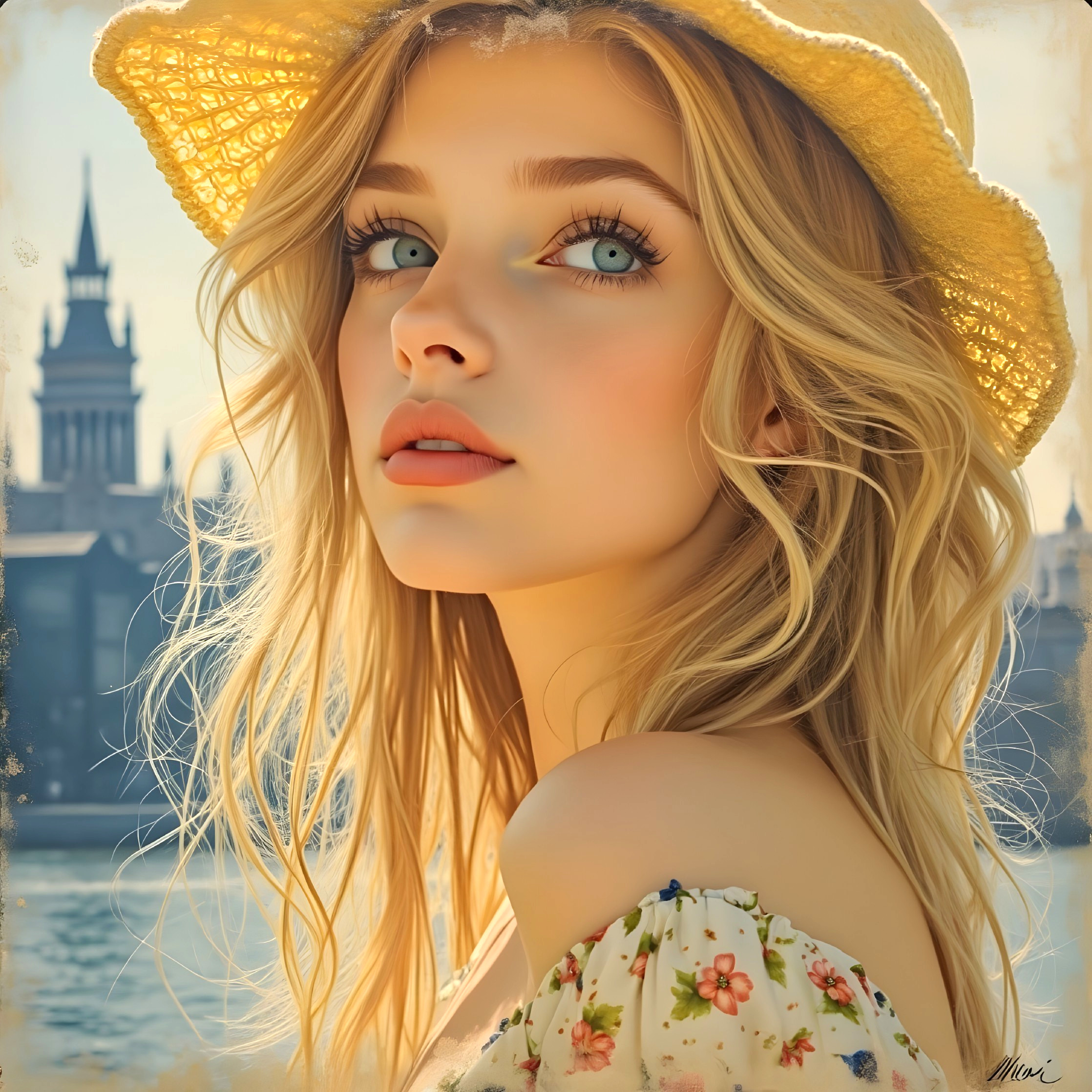Young Woman in Floral Dress with Straw Hat by Waterfront