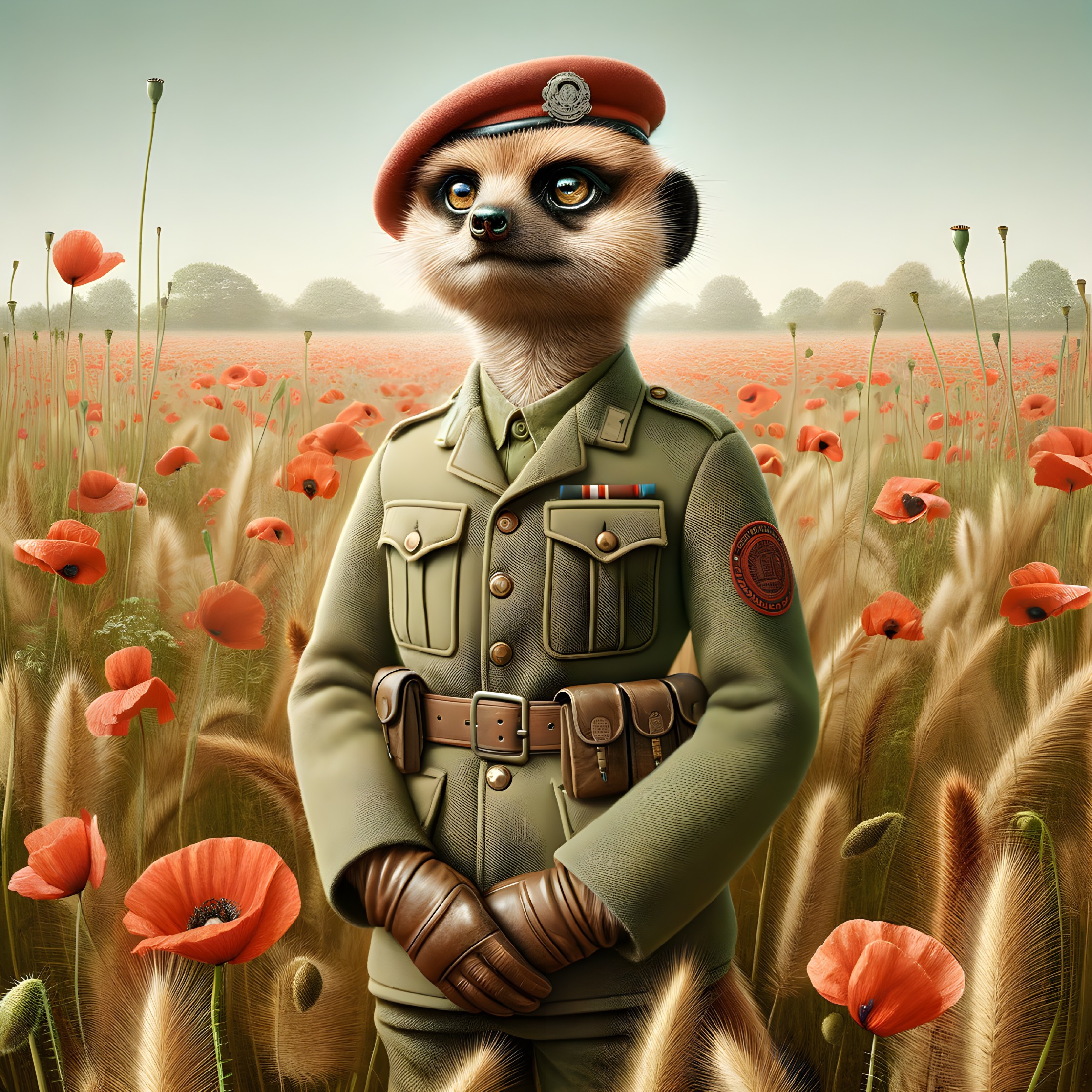 Meerkat in Military Uniform Amidst Poppy Field