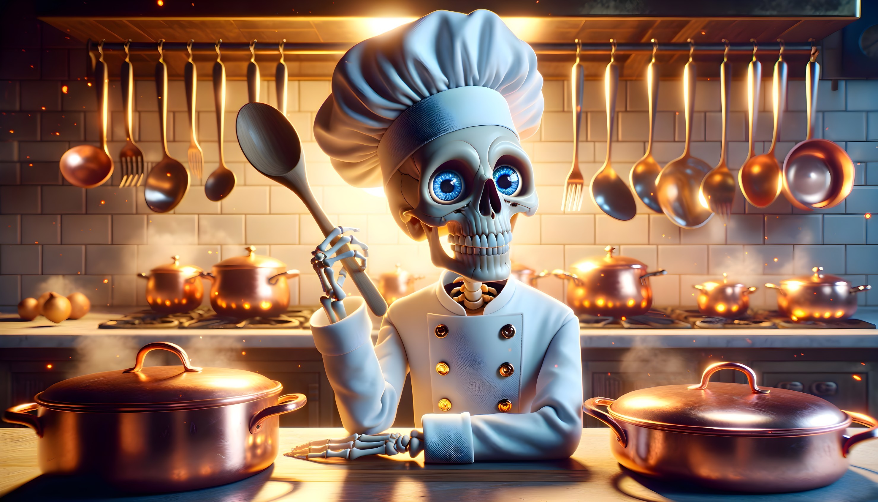 Whimsical Skeleton Chef in Bright Kitchen Setting