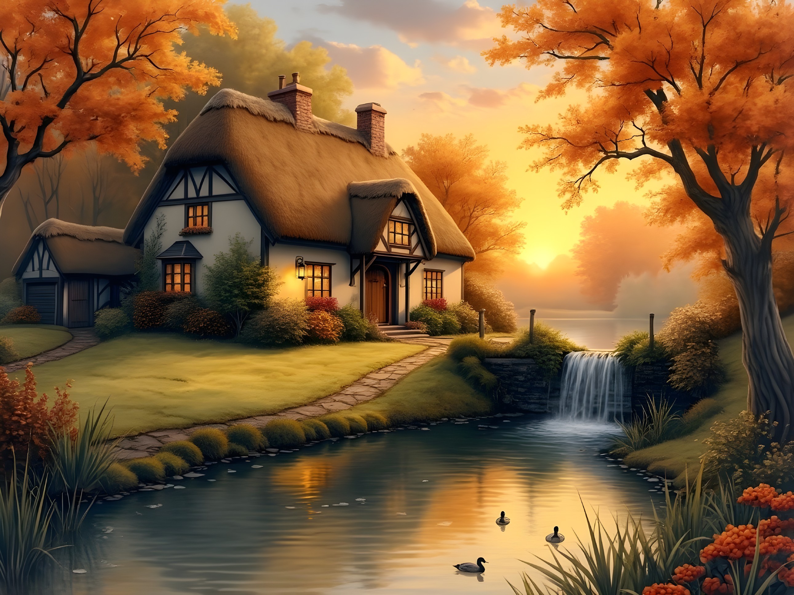 Thatched-Roof Cottage by Tranquil Autumn Pond