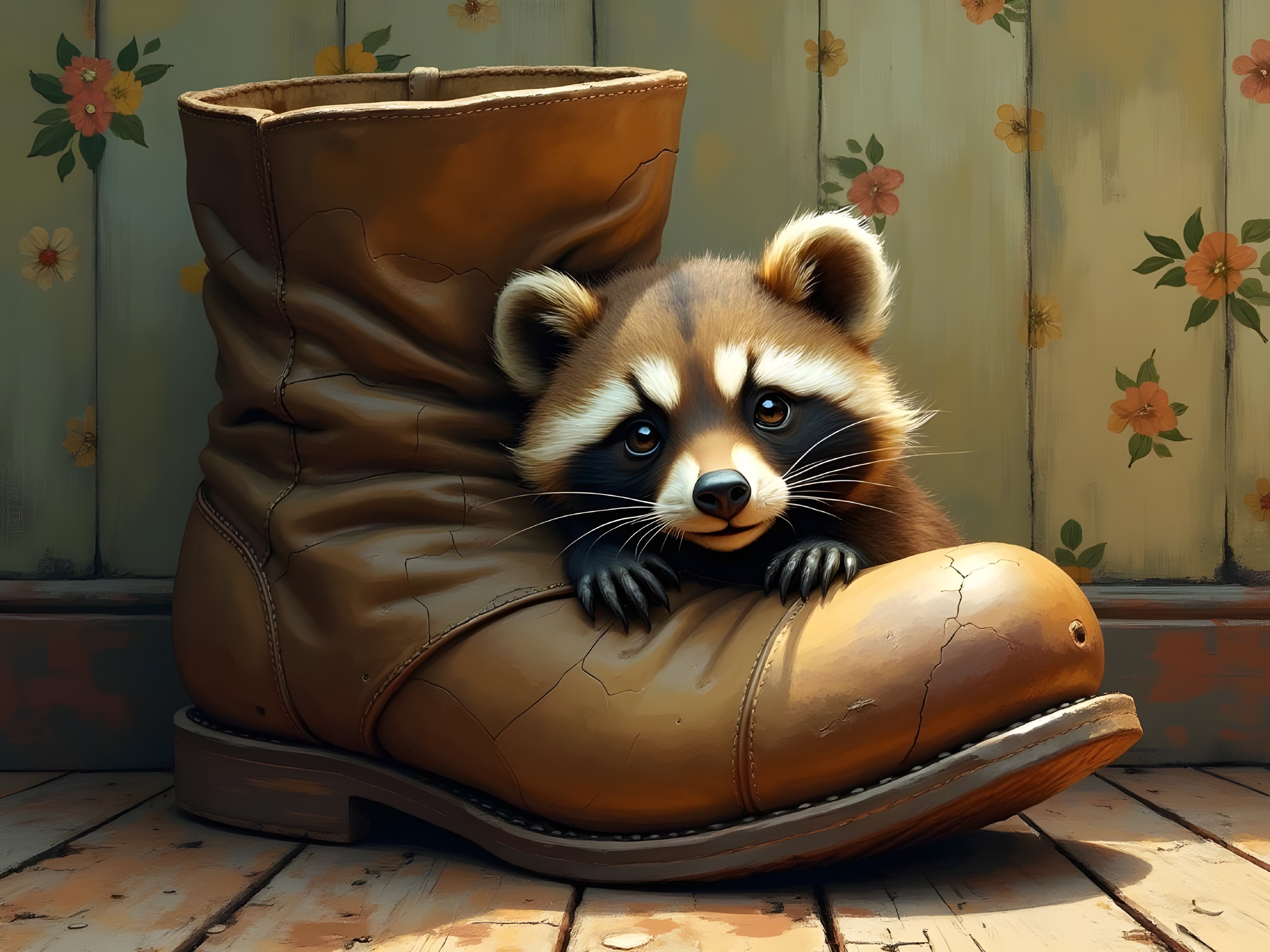 Raccoon Inside Brown Leather Boot with Floral Wallpaper