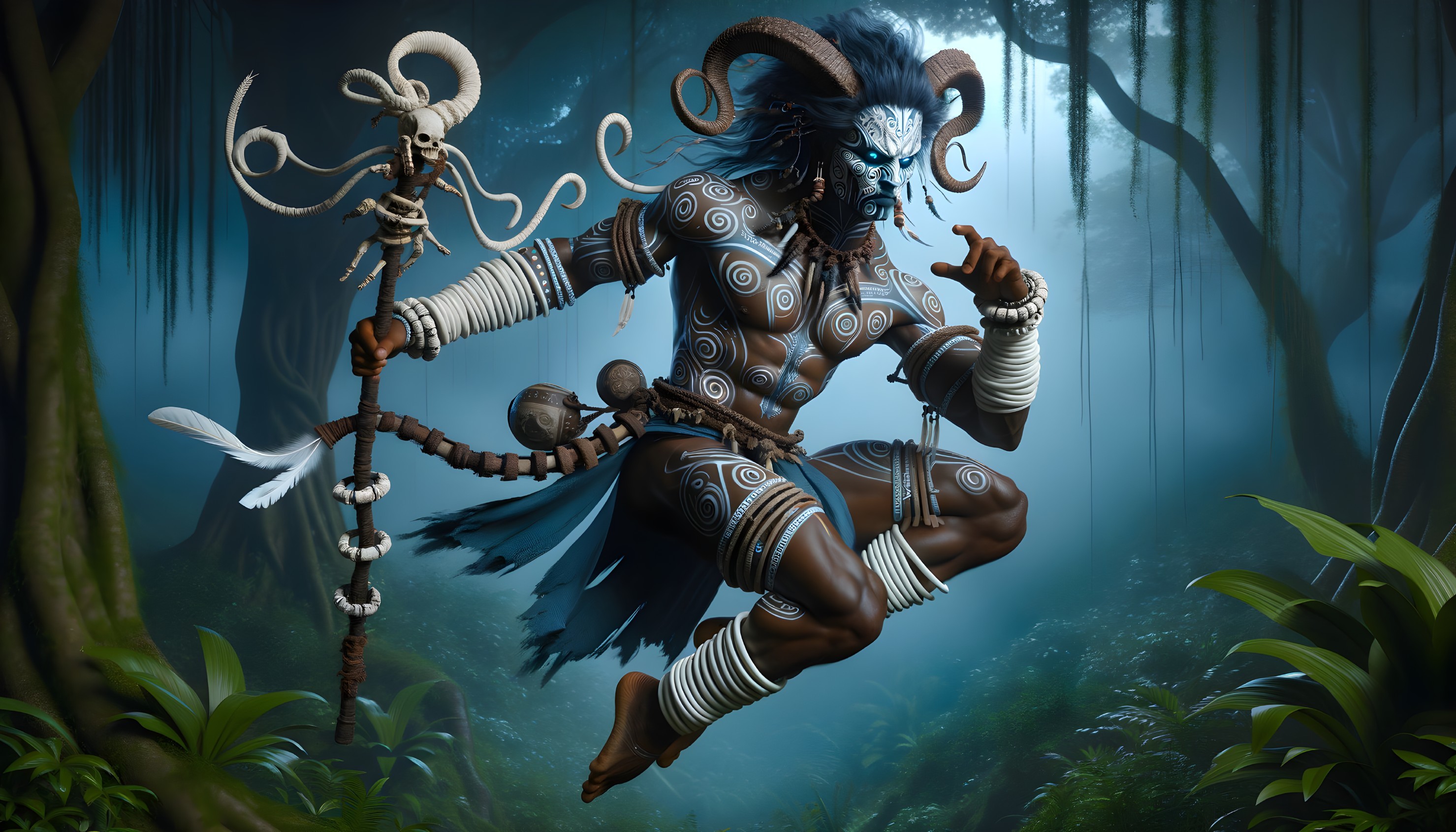 Mythological figure in jungle with tribal body paint