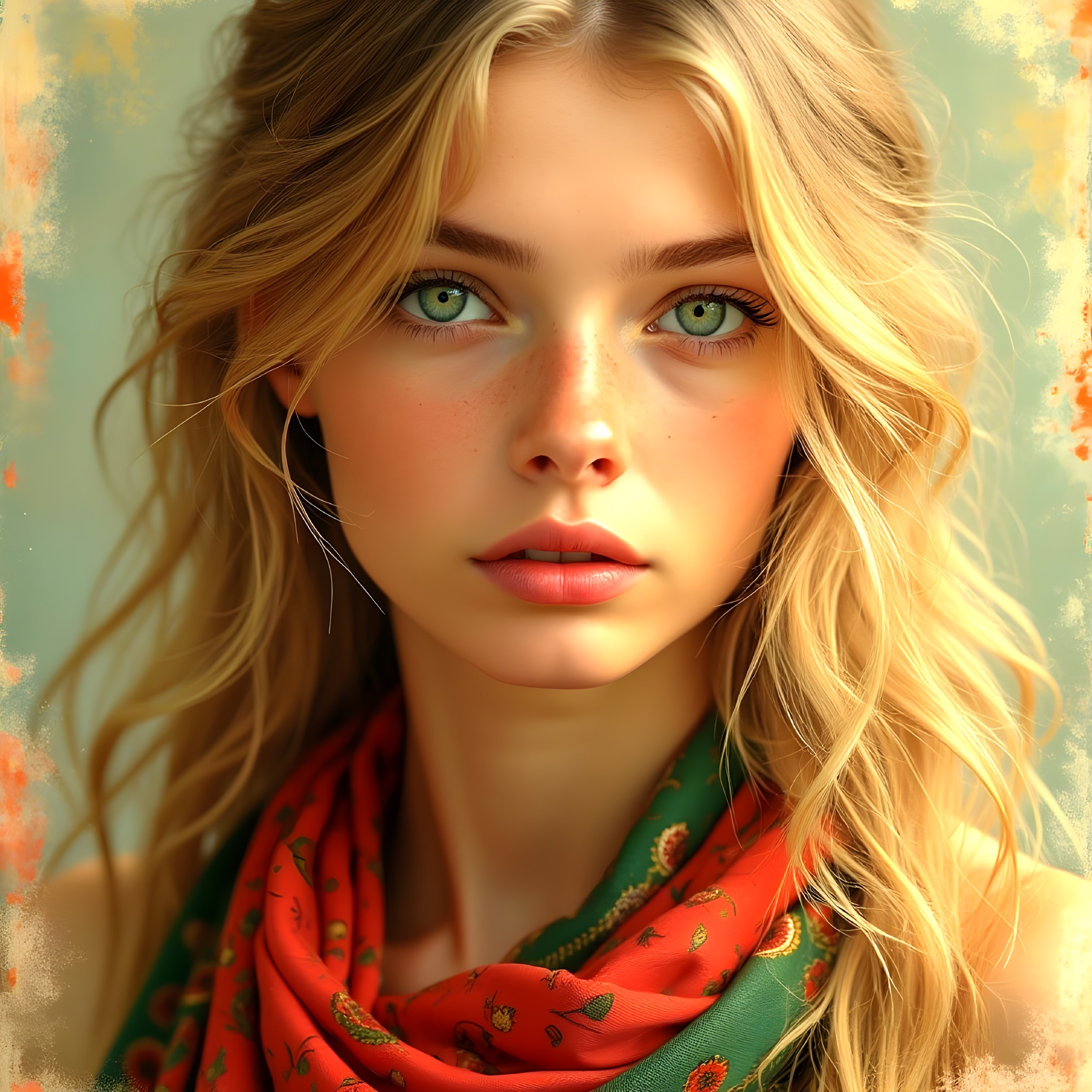 Young woman with green eyes and floral scarf