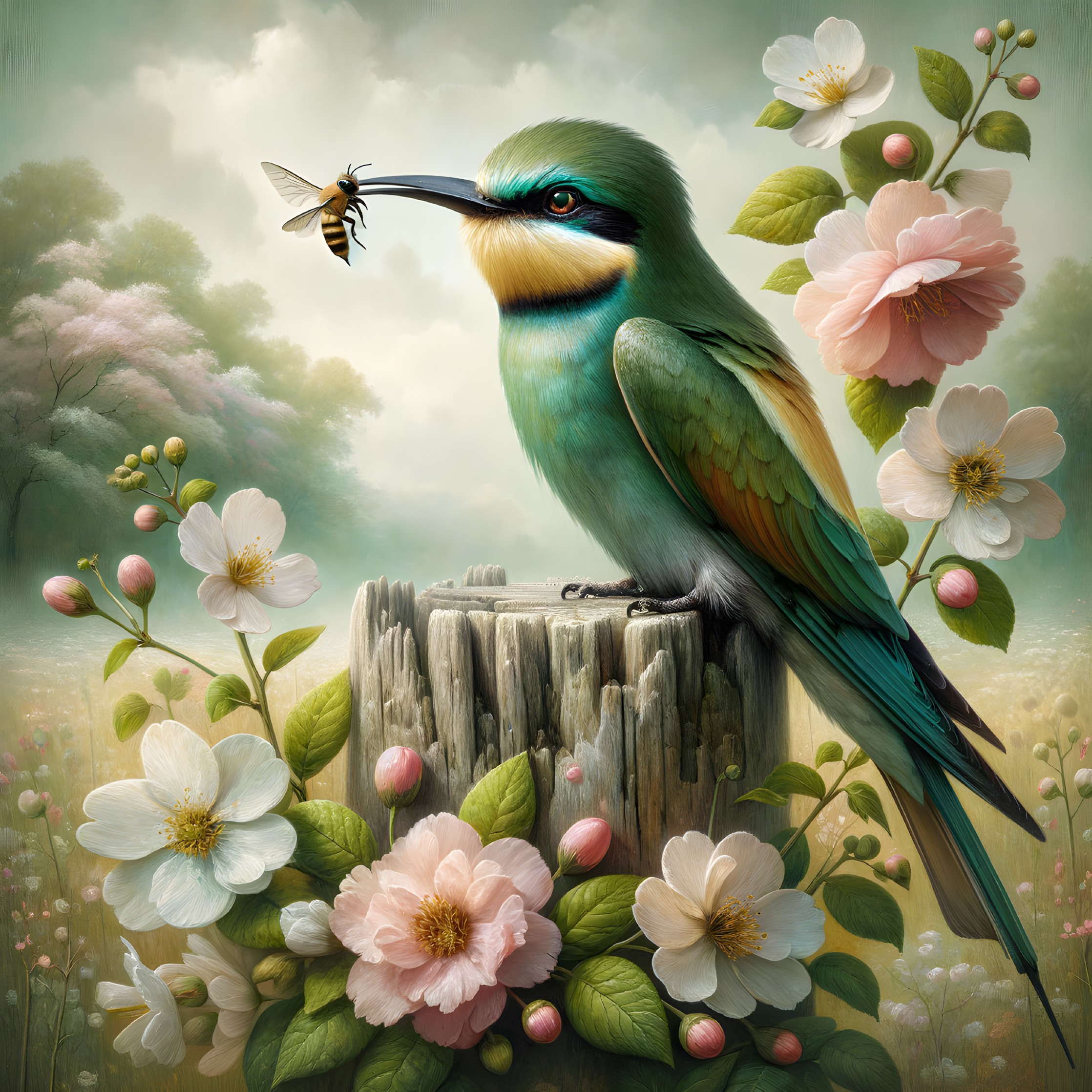 Bird on Stump with Bee Amid Blooming Flowers