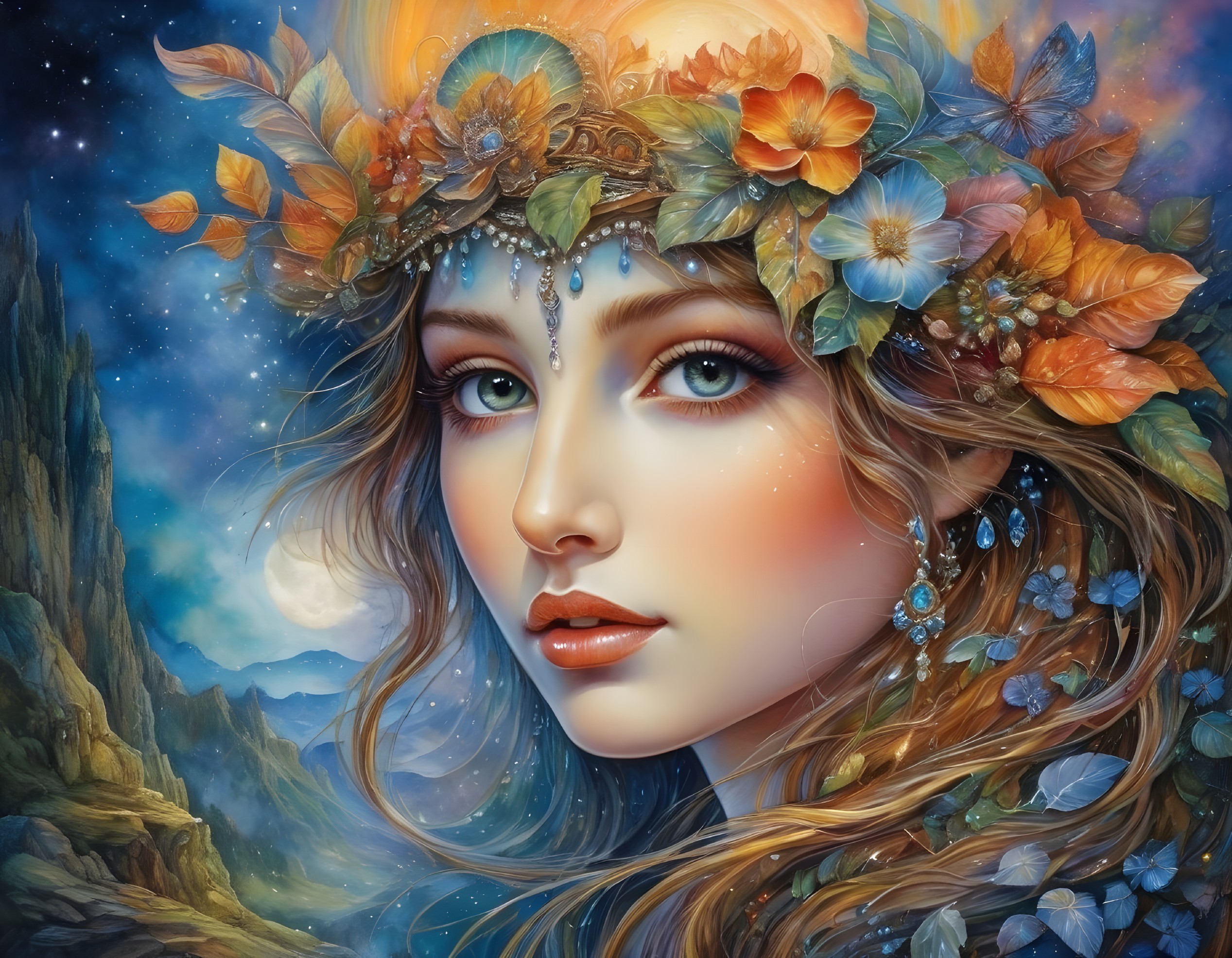 Serene Woman with Floral Crown in Celestial Setting