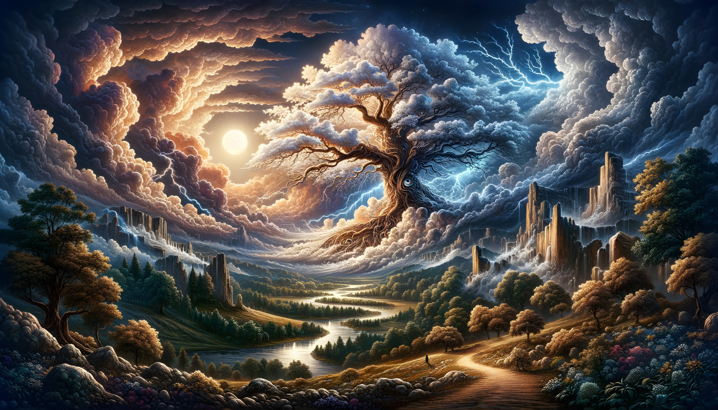 Majestic tree in fantastical landscape with waterfalls, cliffs, and winding river