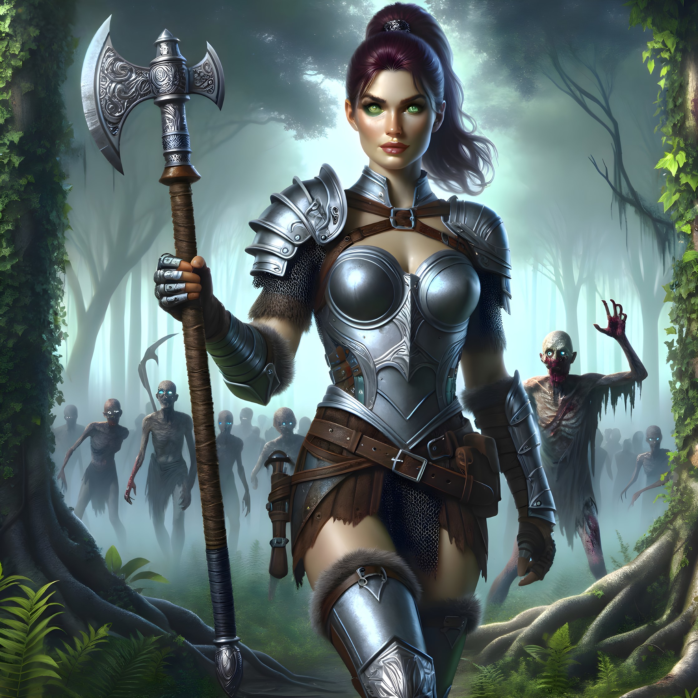 Warrior in Silver Armor Facing Eerie Zombie Figures