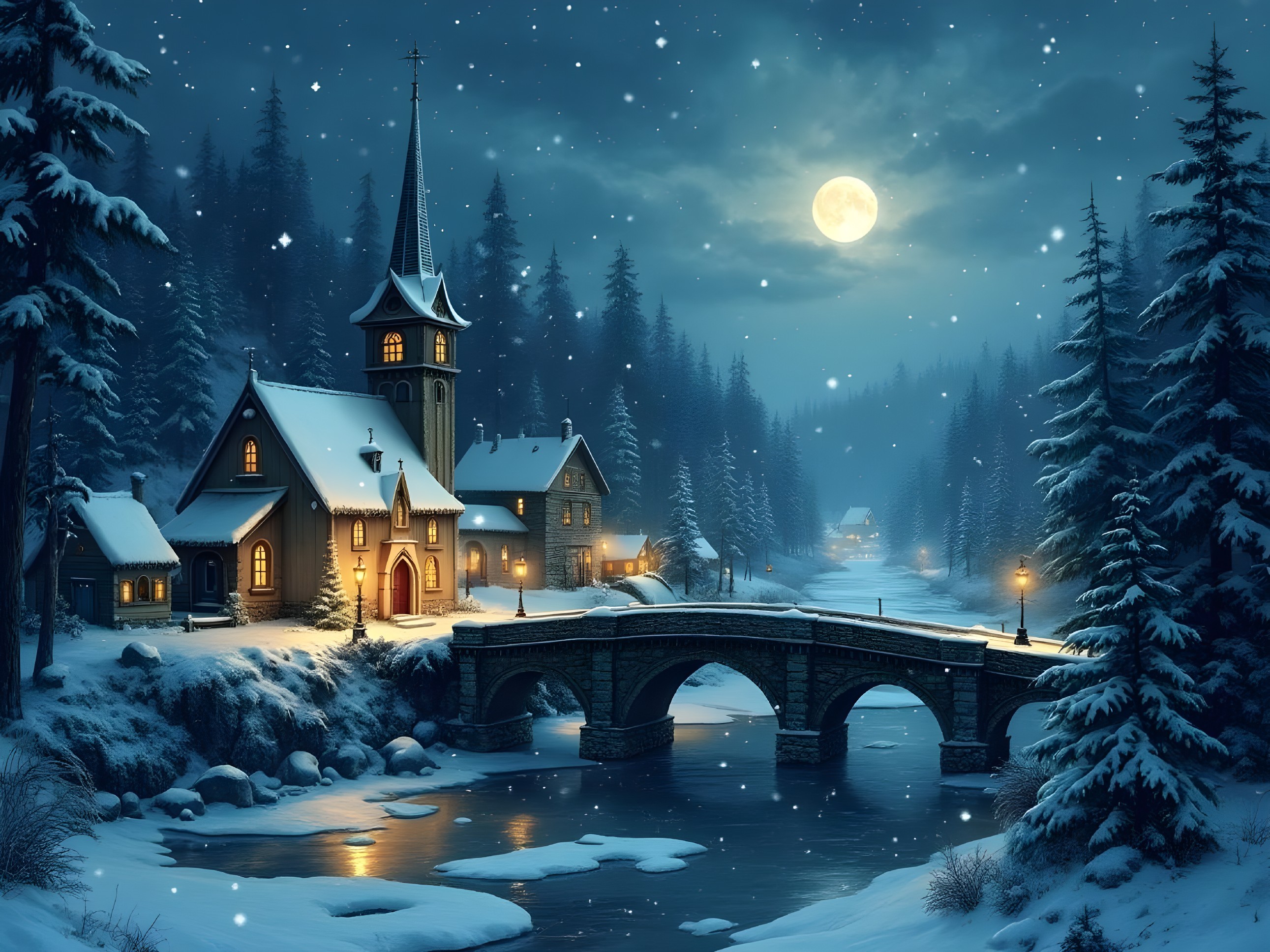 Winter Night Scene with Church and Snowy Landscape