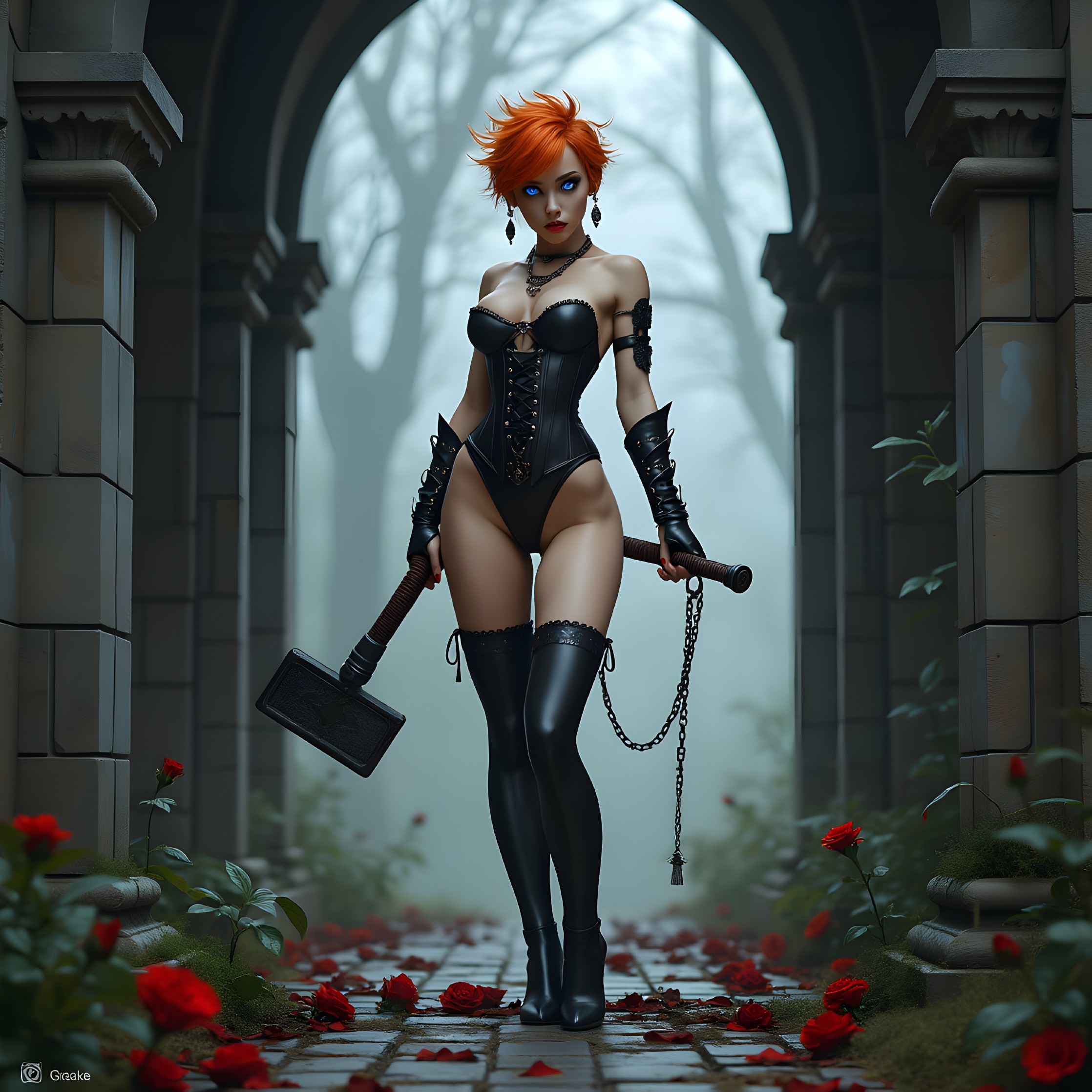 Gothic Figure in Black Bodysuit with Hammer and Roses
