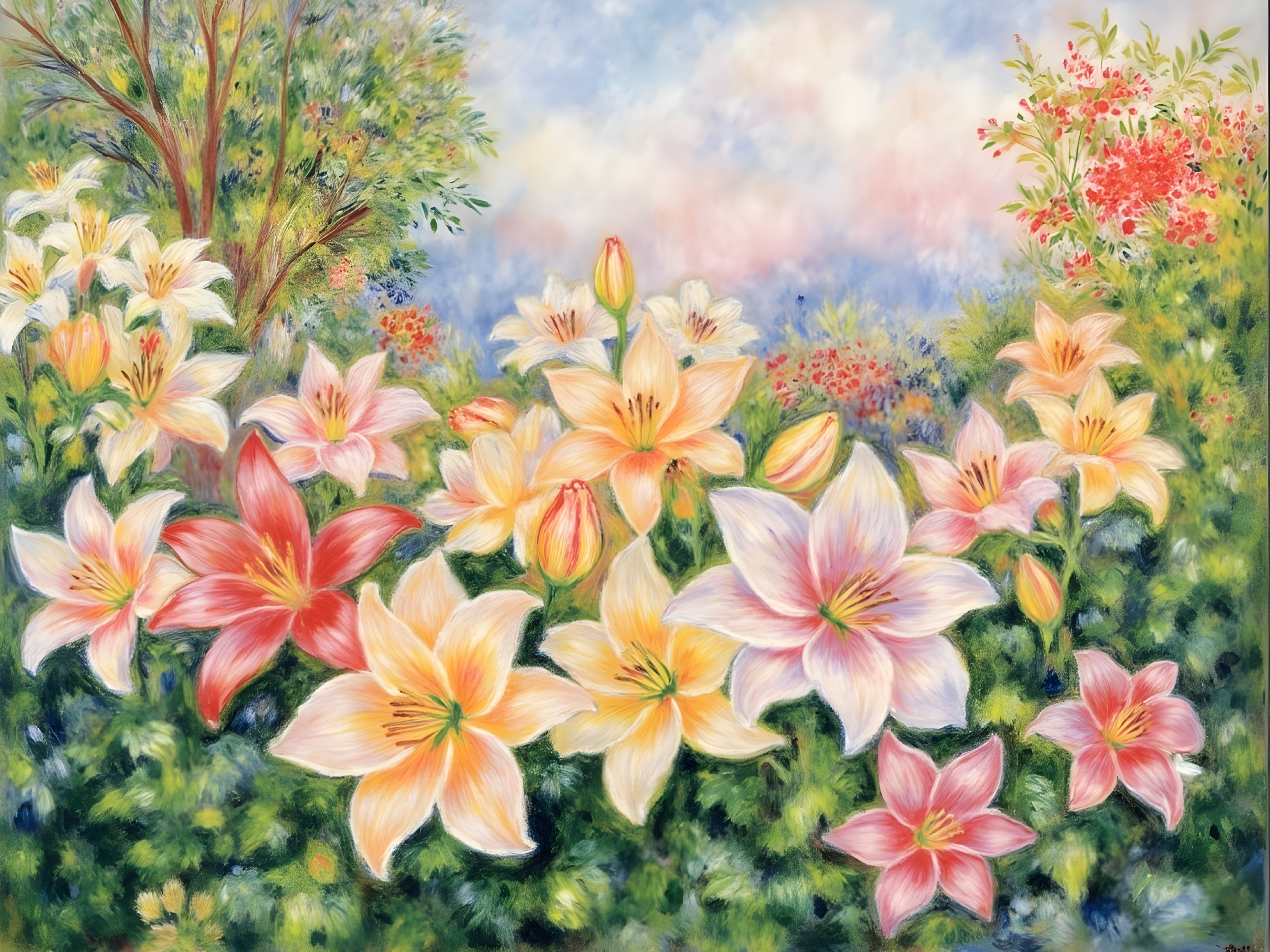 Vibrant Garden Scene with Blooming Lilies and Foliage