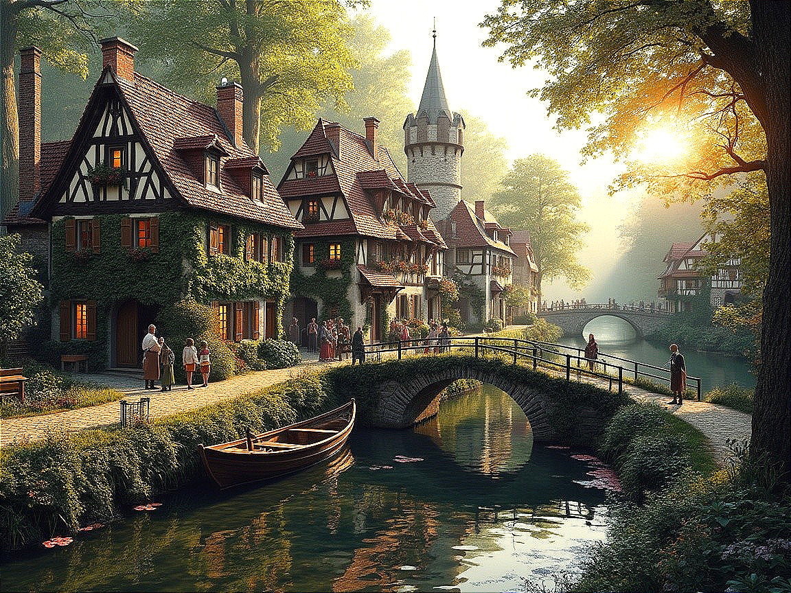 Charming Village Scene with Half-Timbered Houses and River