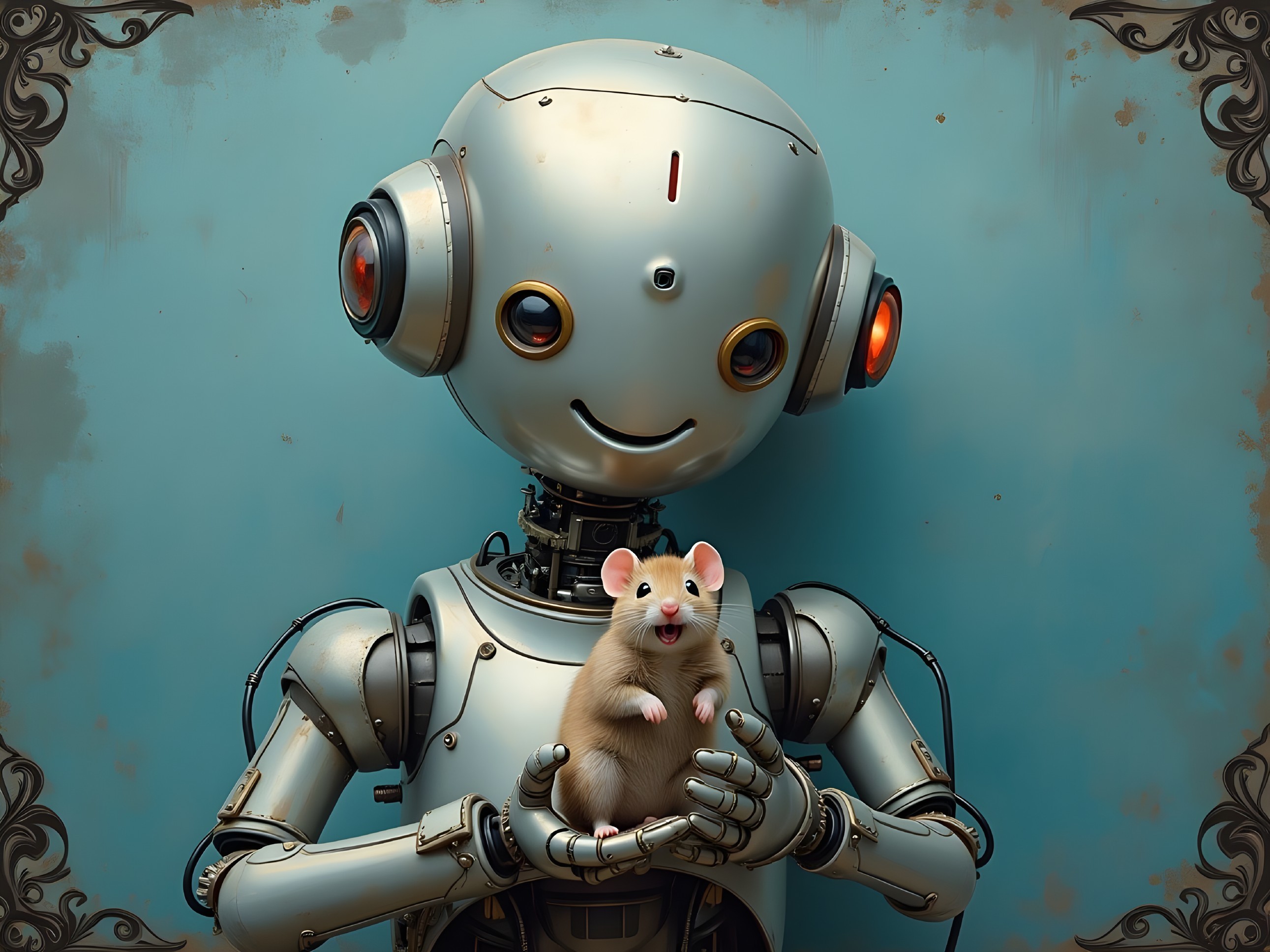 Humanoid Robot Holding a Fluffy Hamster in Soft Blue