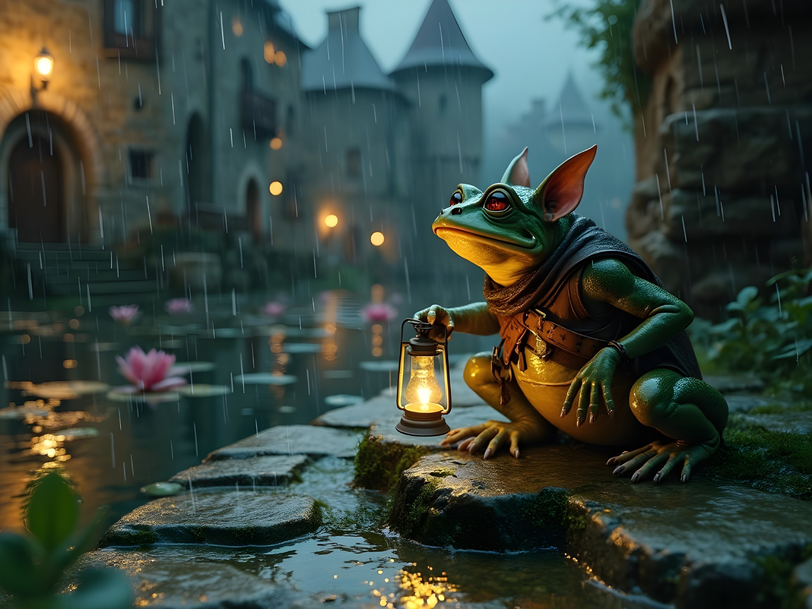 Wise Frog with Lantern in Serene Rainy Village
