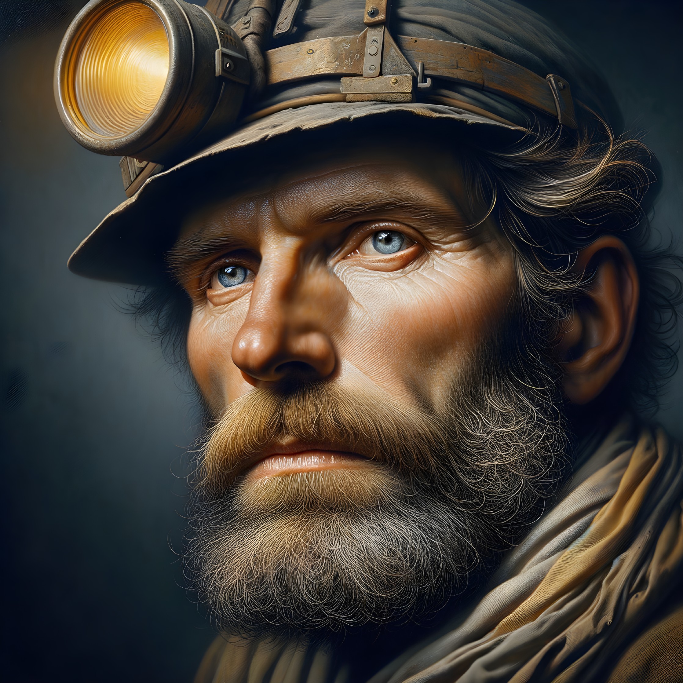 Rugged Miner with Steel Helmet and Expressive Features