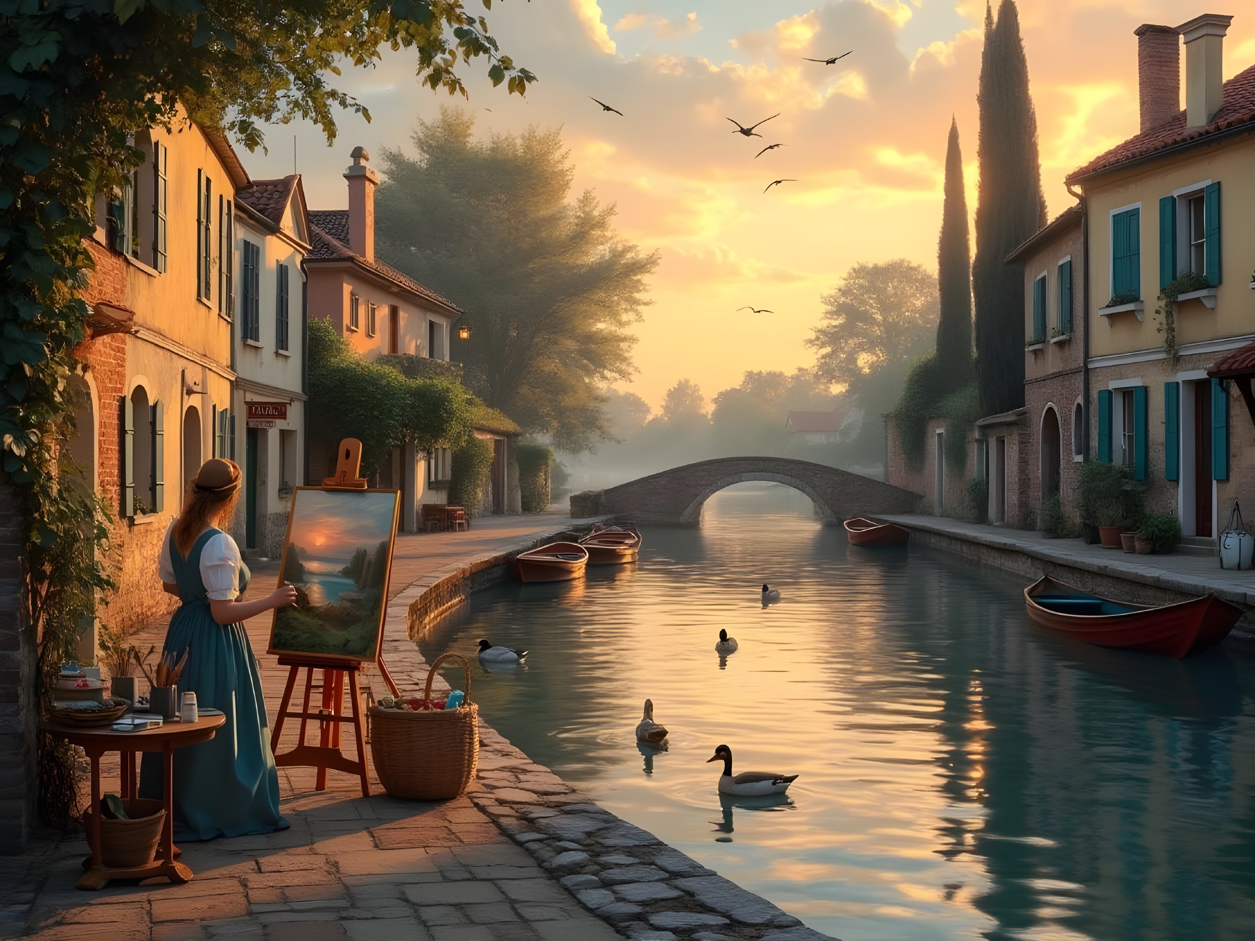 Serene Canal Scene with Young Woman Painting at Sunrise