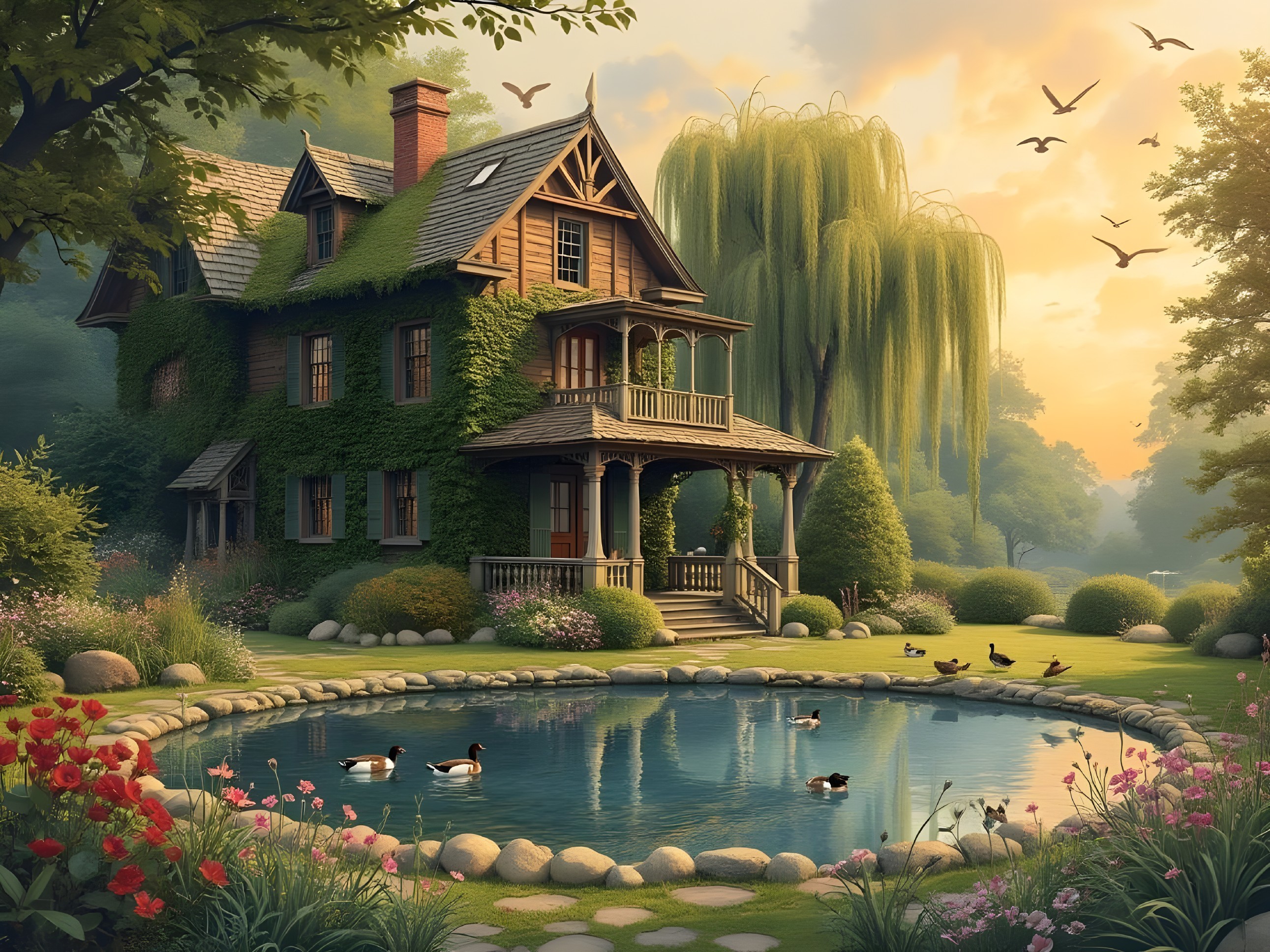 Ivy-Covered House by Serene Pond and Lush Nature