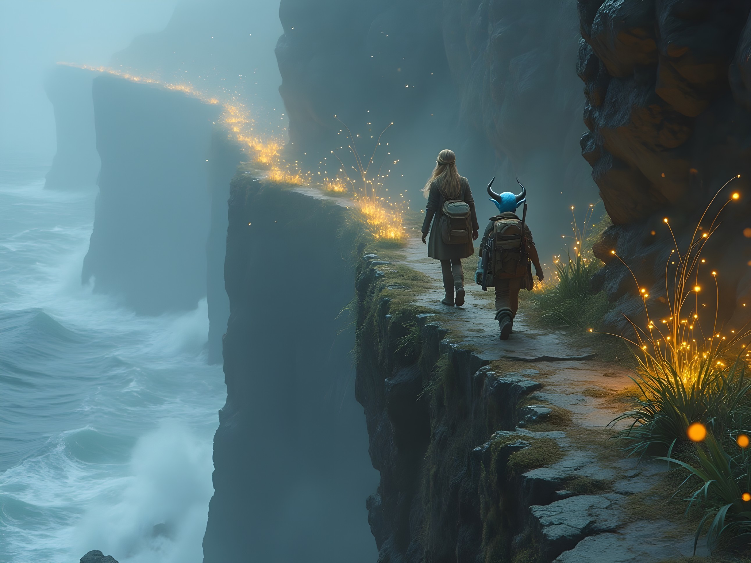 Mystical Landscape with Figures on Rocky Cliff Edge