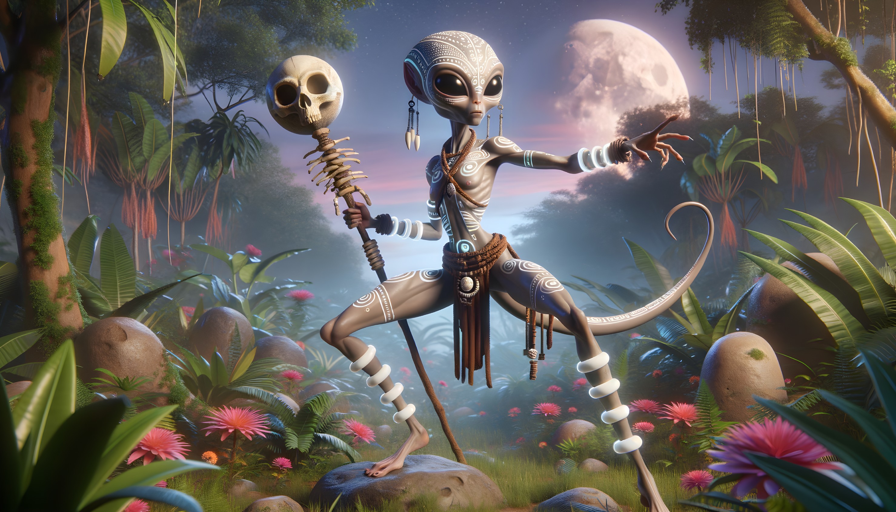 Alien Figure in Lush Jungle with Mystical Elements