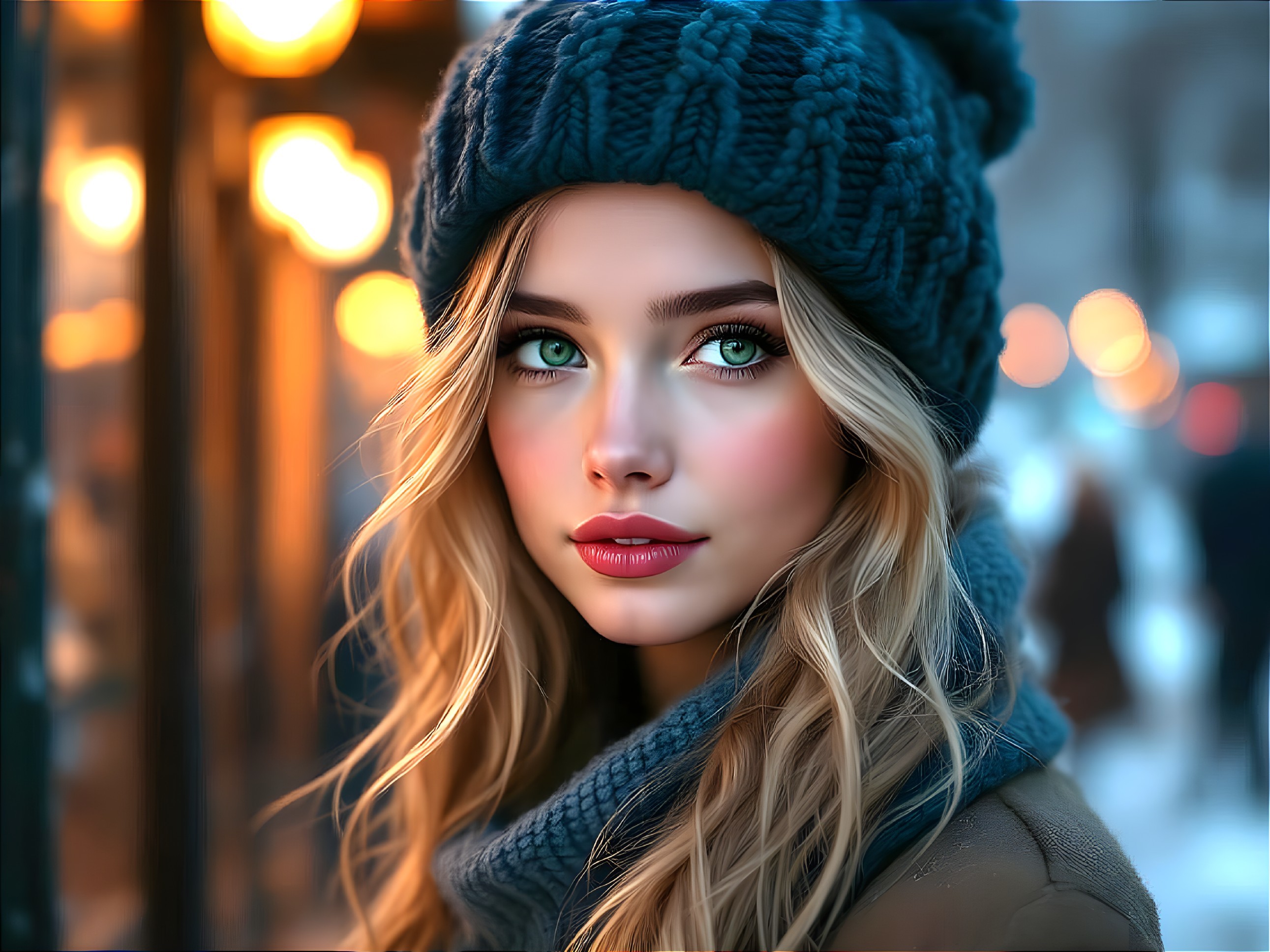 Young woman in winter attire with warm bokeh lights