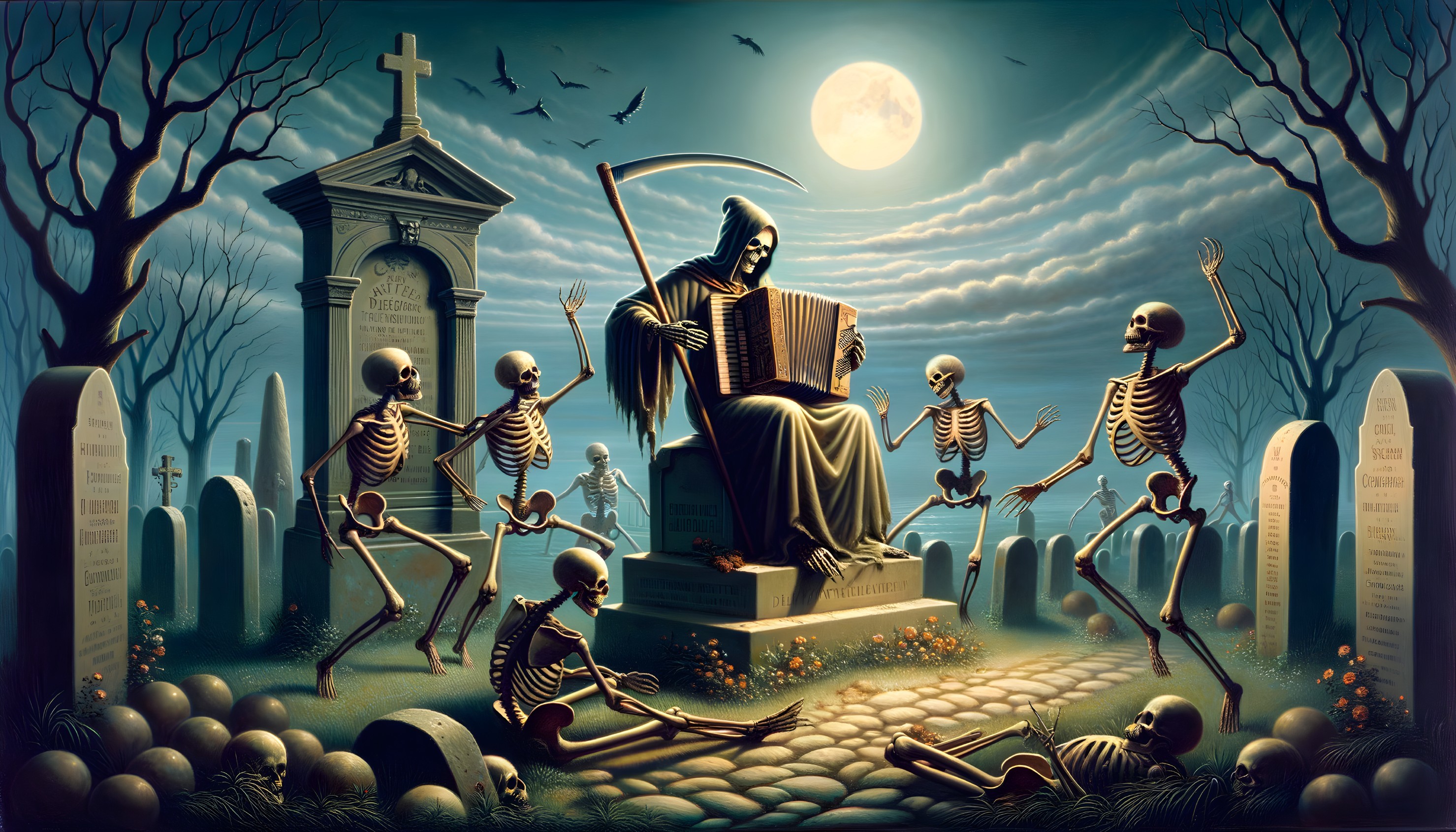 Robed Figure Reading in Graveyard with Dancing Skeletons