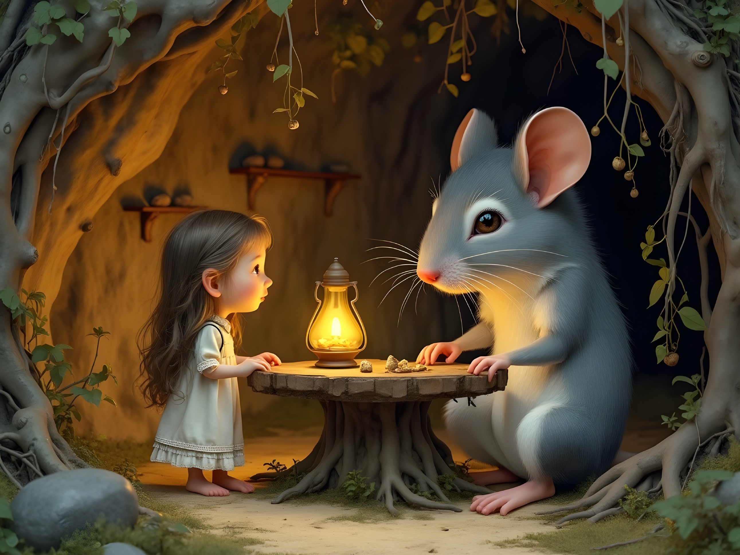 Whimsical Underground Scene with Girl and Friendly Mouse