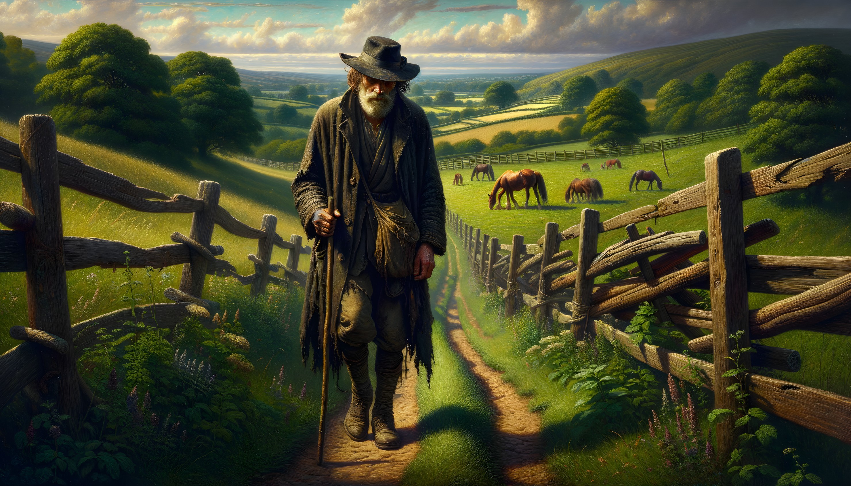 Elderly Man Walking on a Green Countryside Path