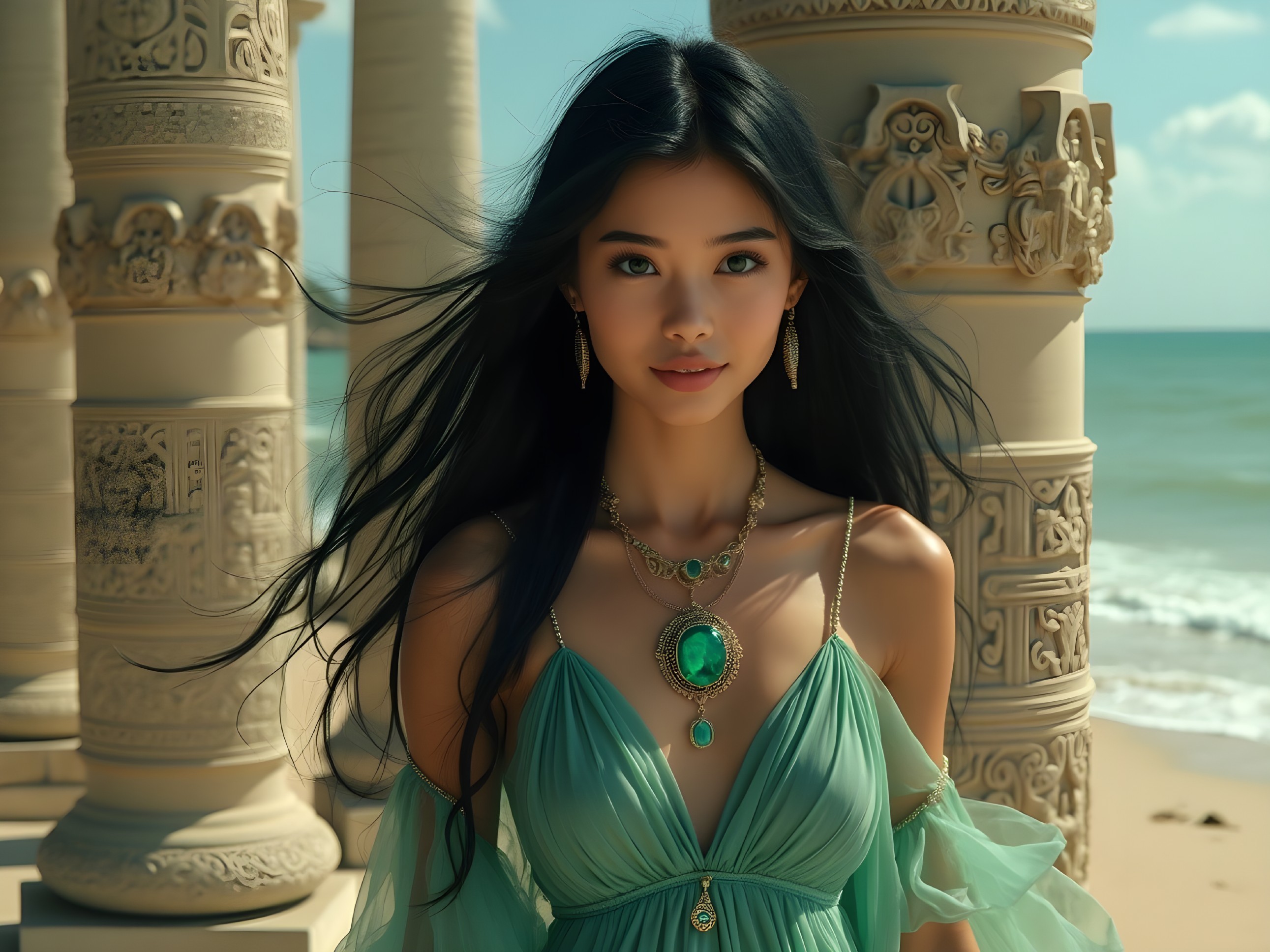 Young Woman in Green Gown by Beach with Pillars