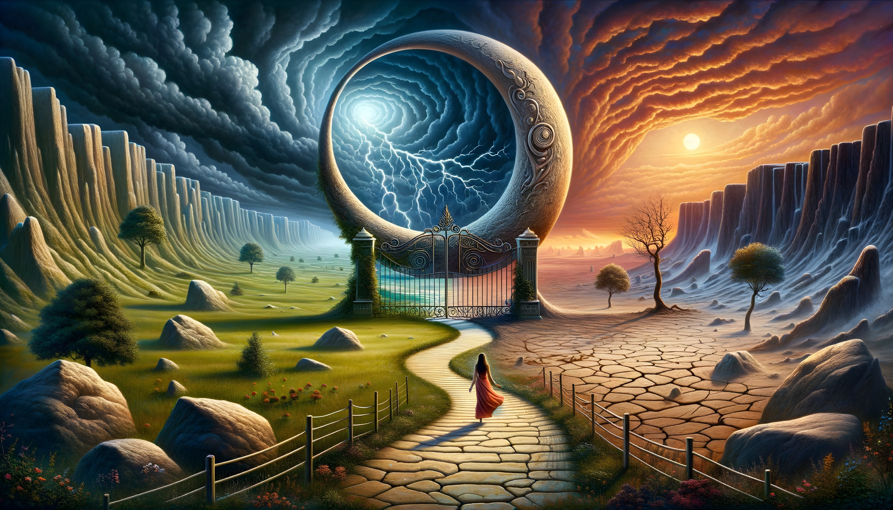 Person in red cloak walking towards grand mystical gate under swirling sky