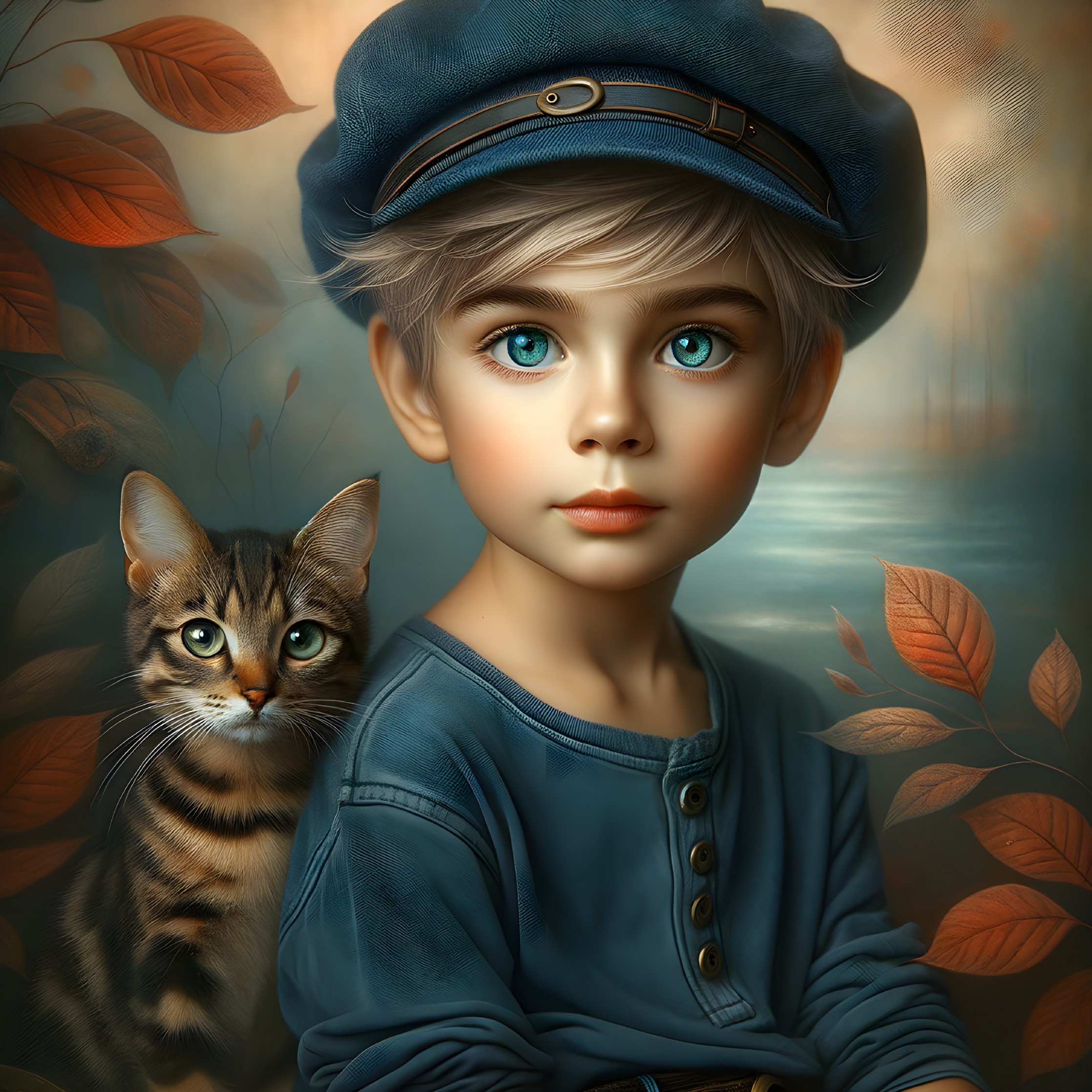 Young boy in blue cap with tabby cat in autumn setting