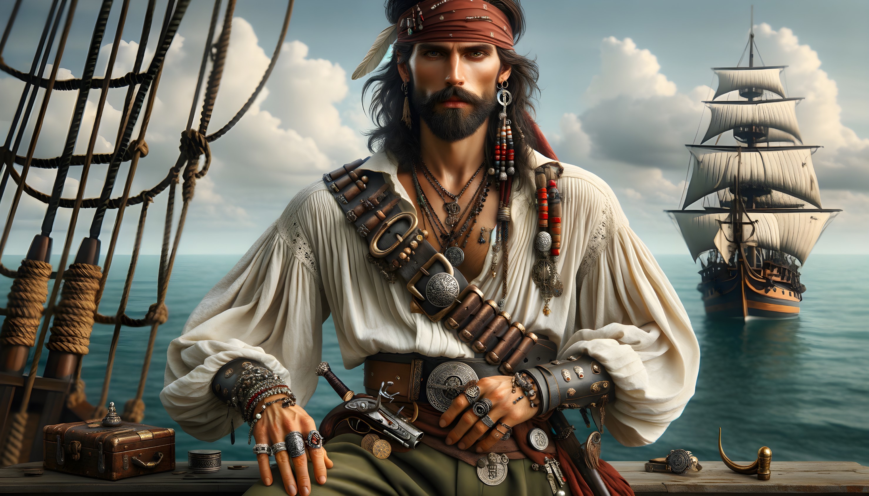 Rugged Pirate on Ship Deck with Majestic Background