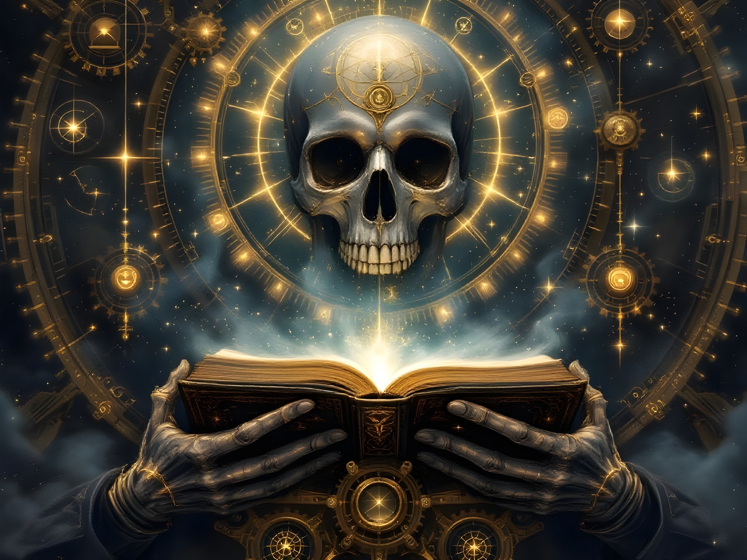 Skeletal Figure with Ancient Book in Cosmic Scene