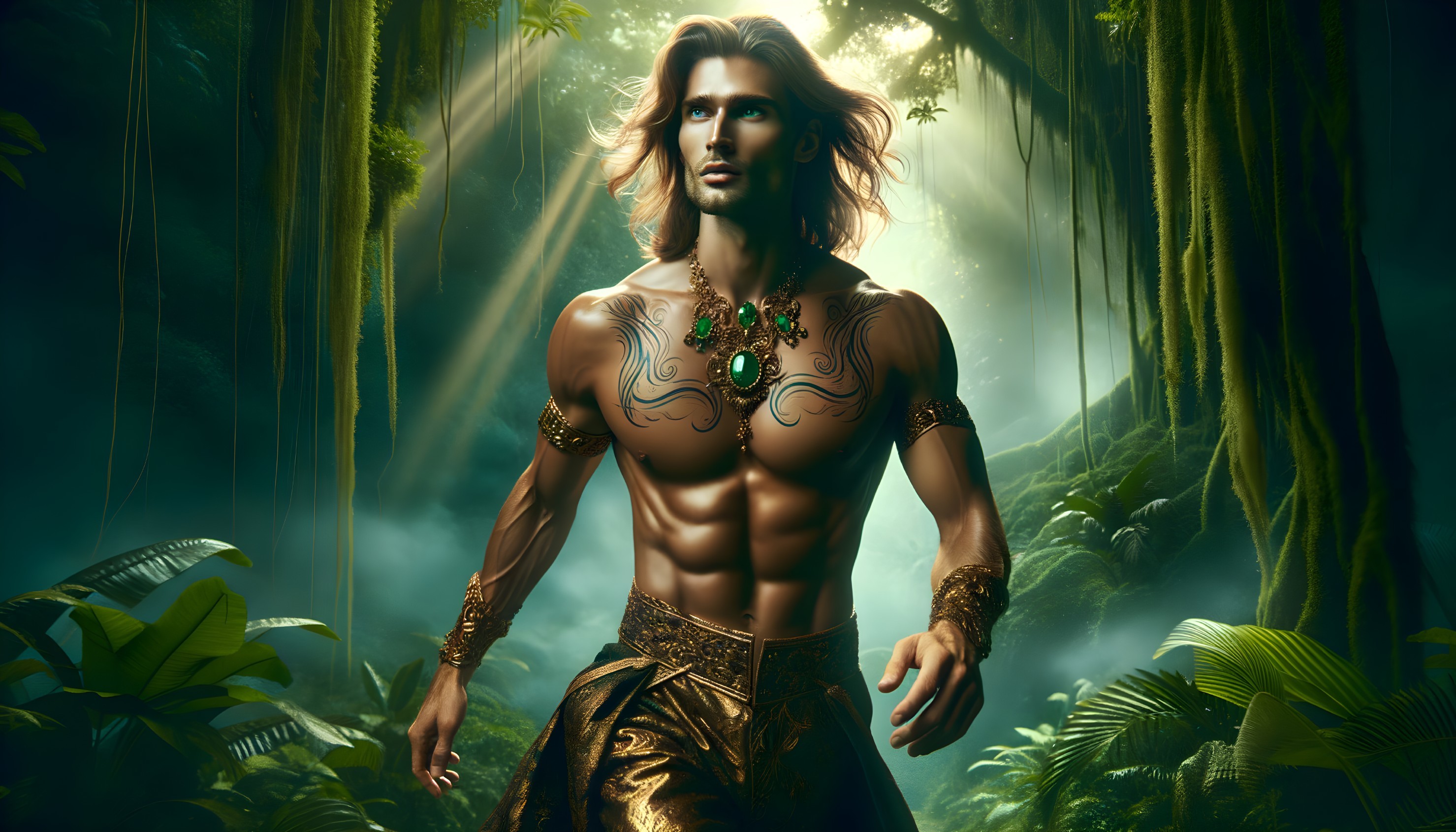Muscular Figure in Mystical Jungle with Jewelry and Tattoos