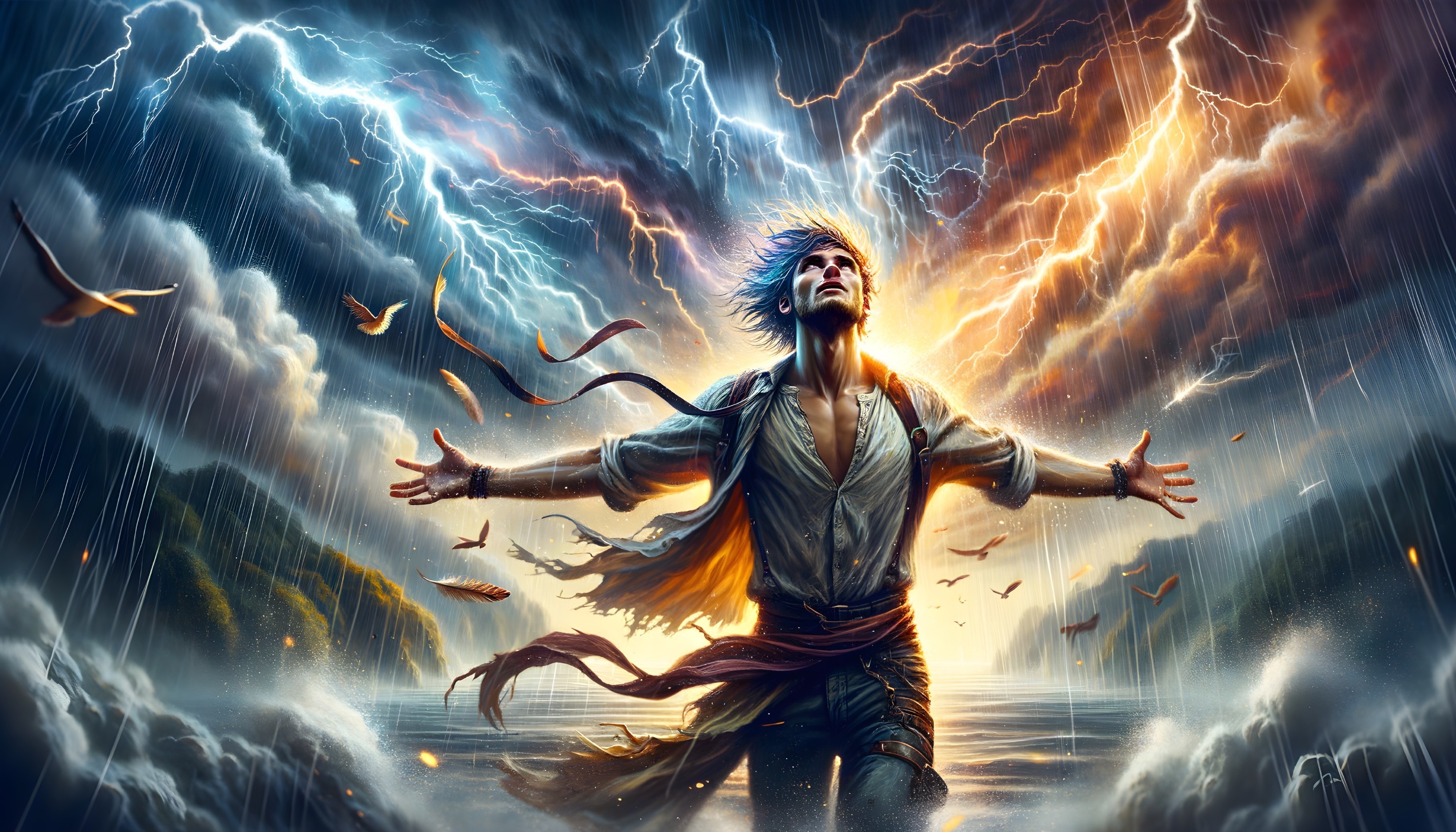 Figure on Shore Embracing Stormy Elements