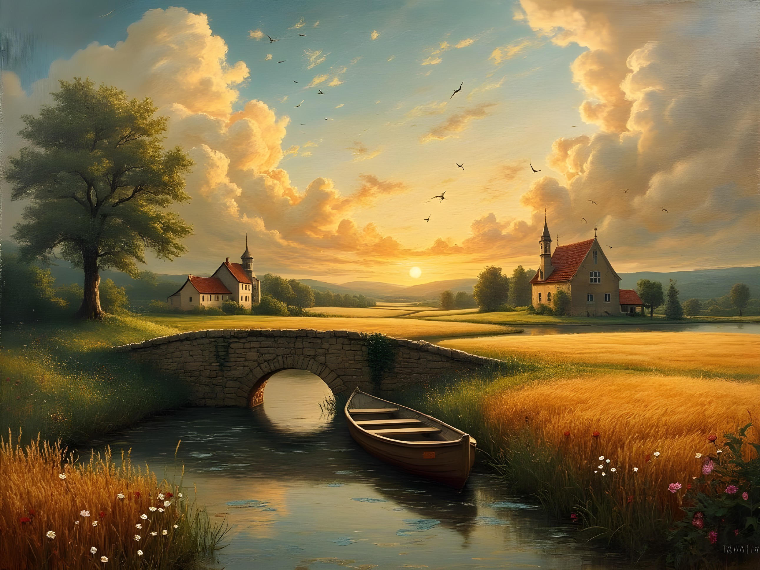 Serene Village Landscape at Sunset with Golden Fields