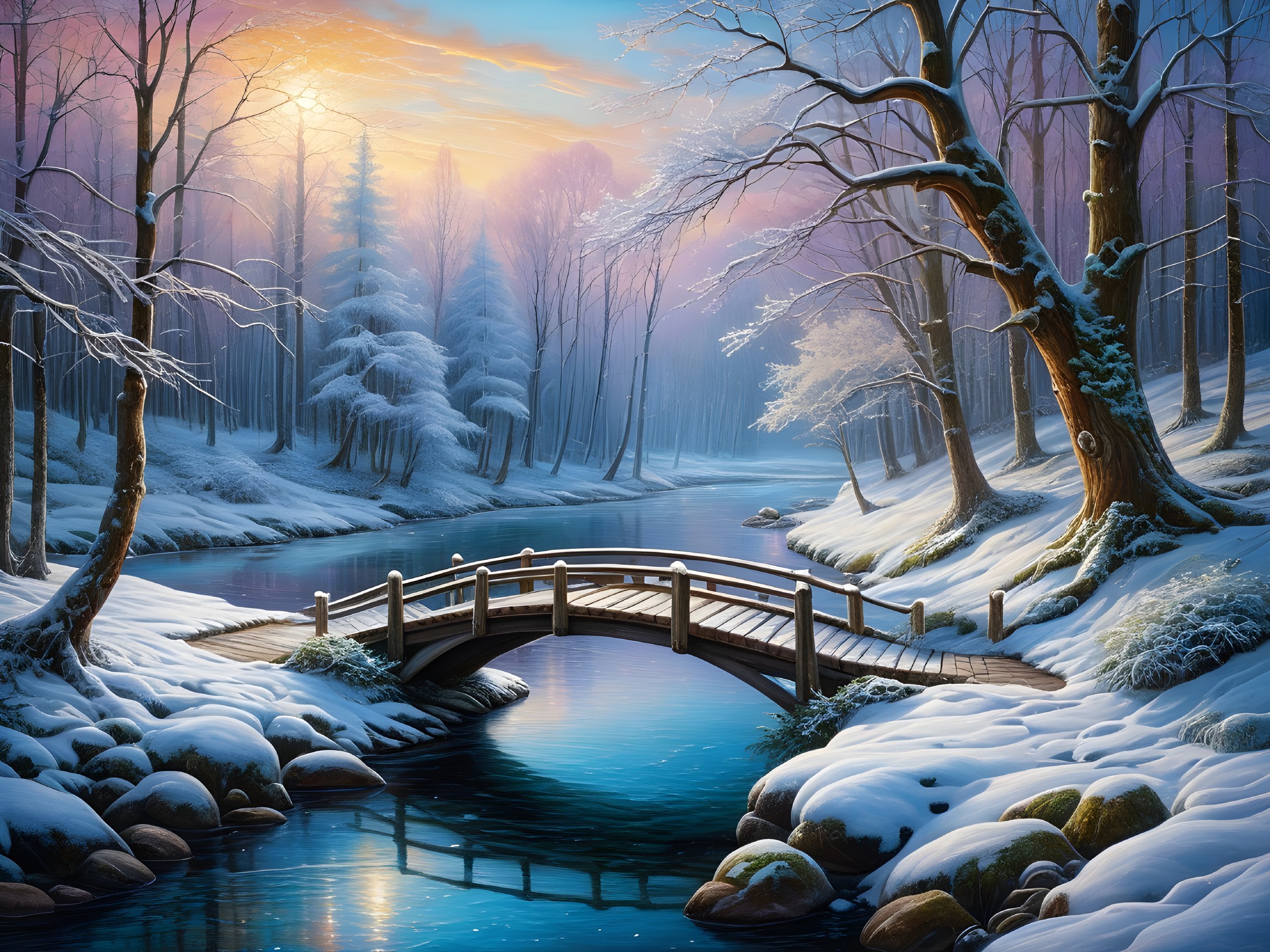 Winter Landscape with Wooden Bridge and Tranquil River