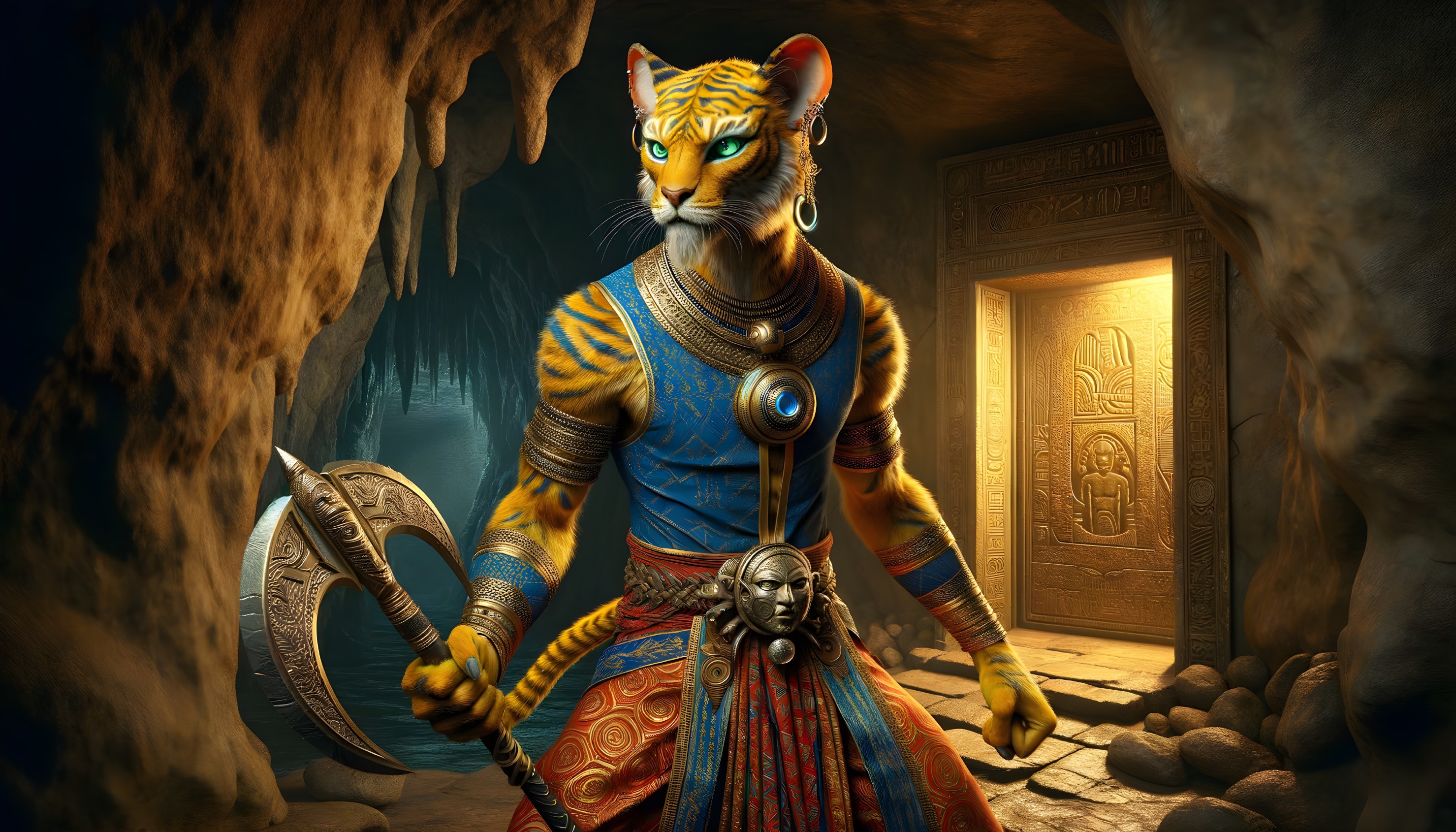 Tiger-Headed Warrior in Cave with Ancient Symbols